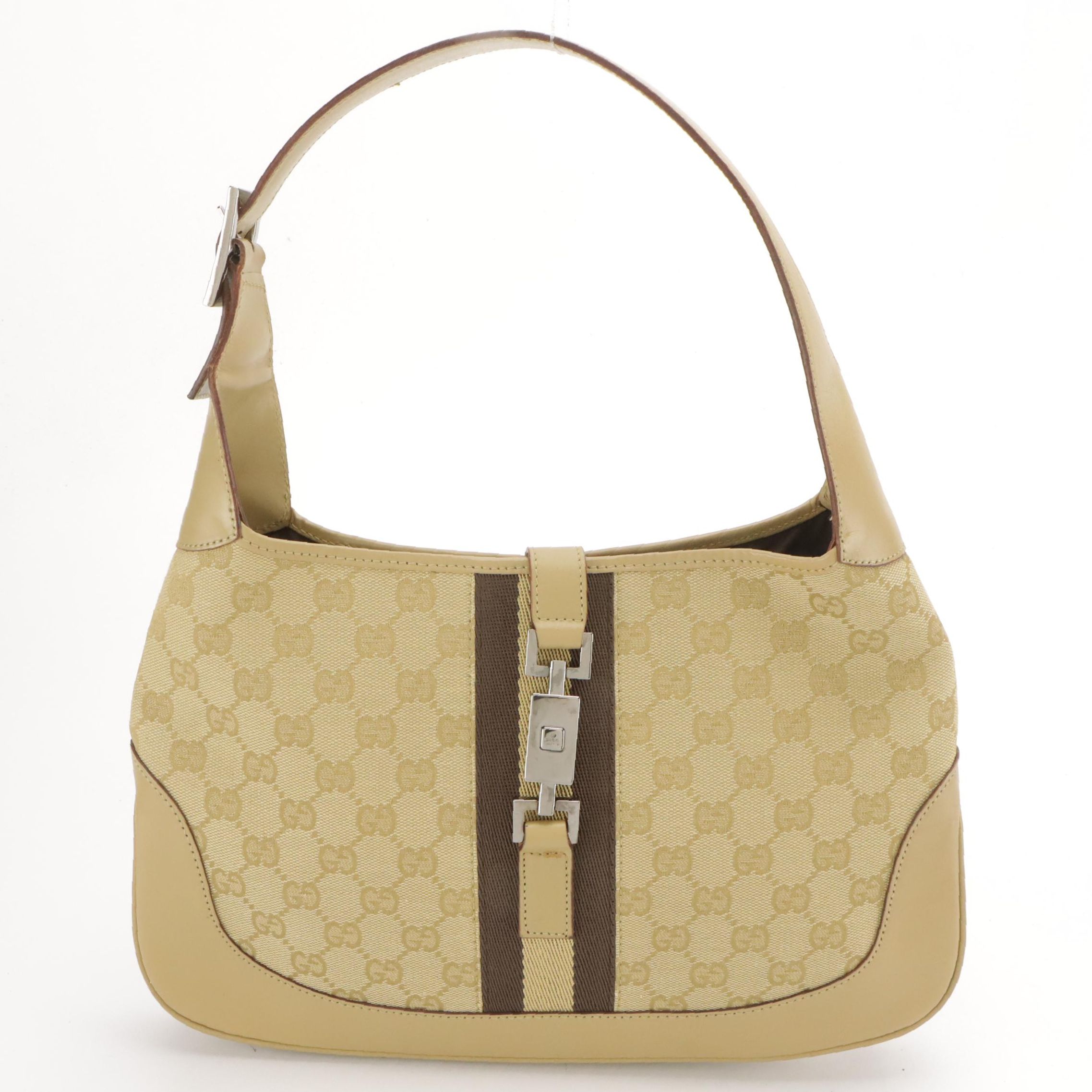 Gucci Jackie Shoulder Bag in Beige GG Canvas and Leather with Web Detailing