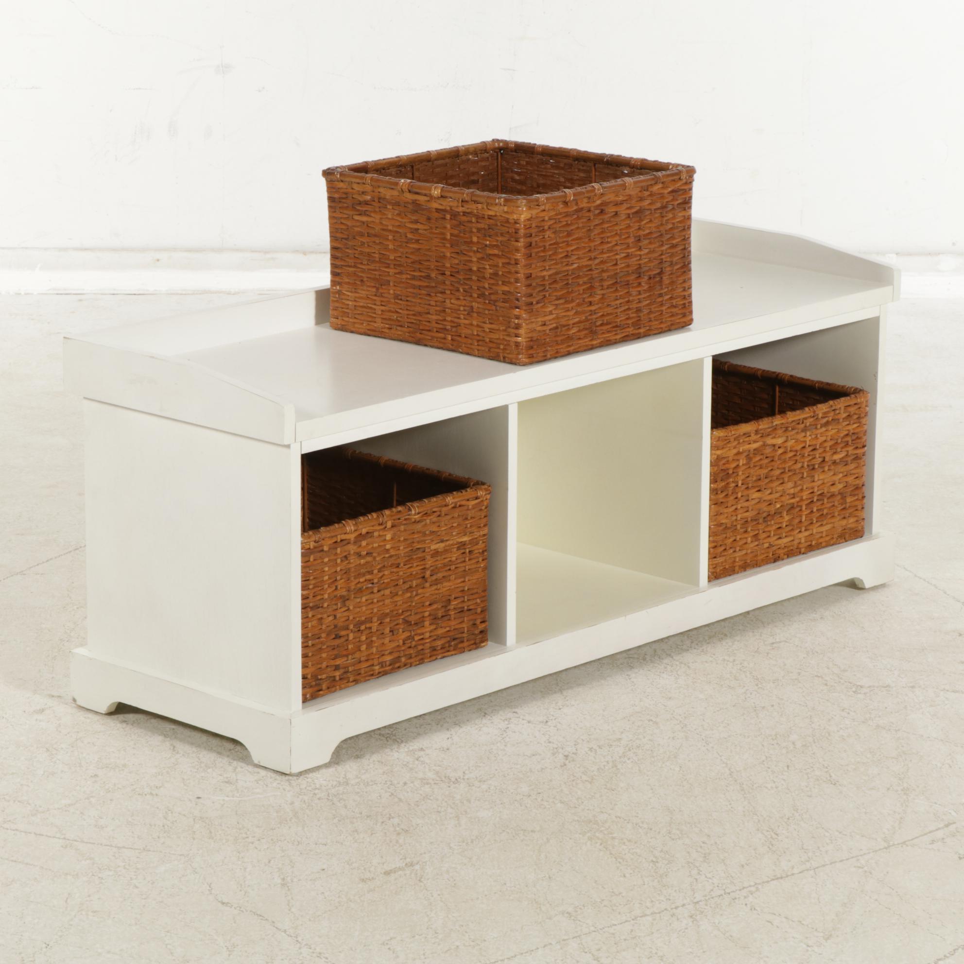 Pottery Barn White Entry Bench with storage Baskets