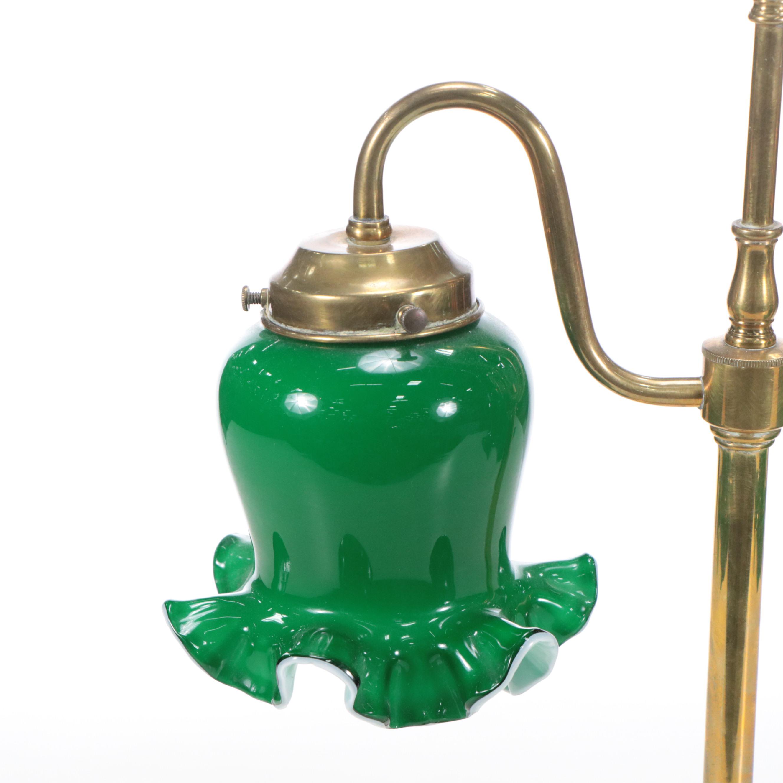 Brass Double-Arm Student Library Lamp & Green Case Glass Shades, Early 20th C