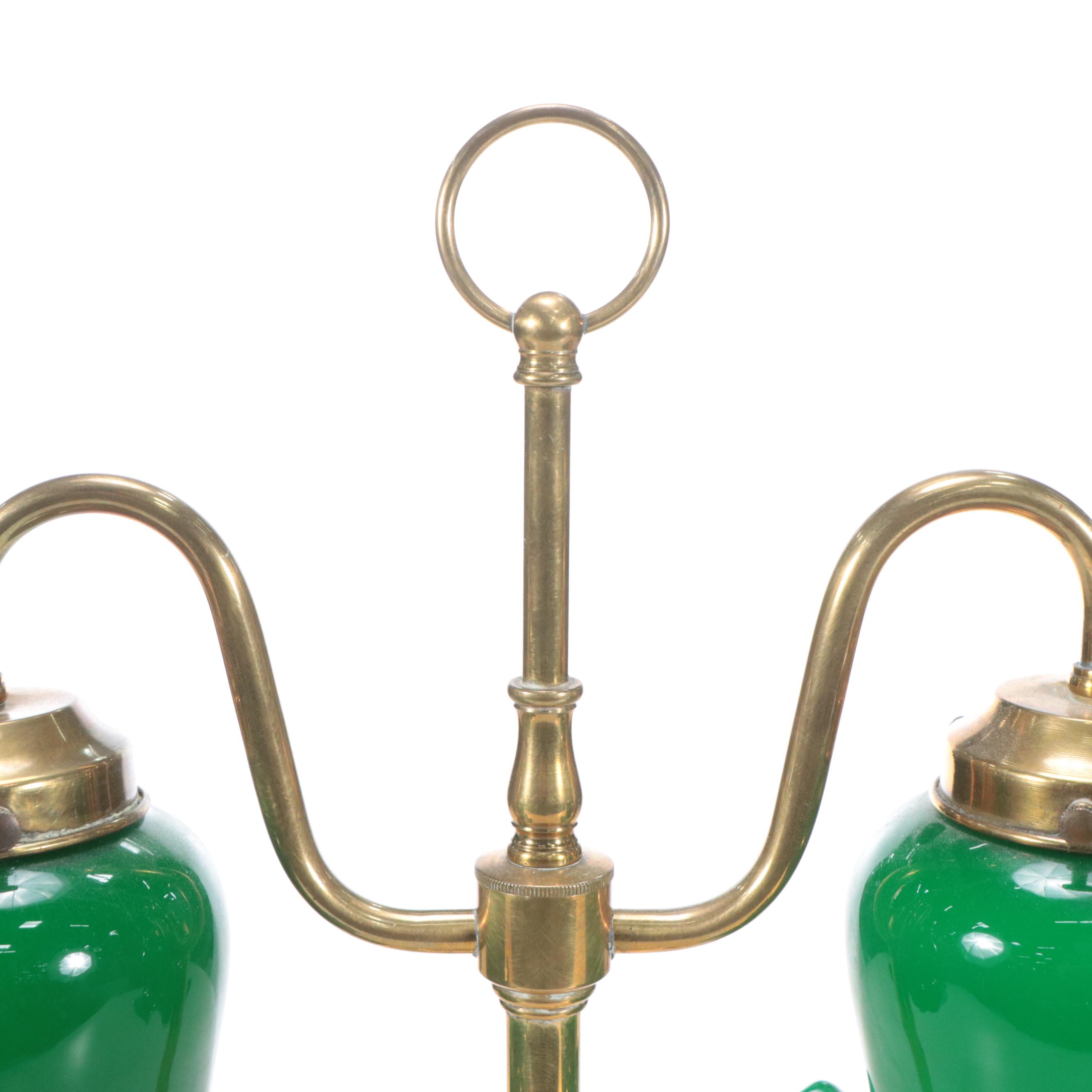 Brass Double-Arm Student Library Lamp & Green Case Glass Shades, Early 20th C
