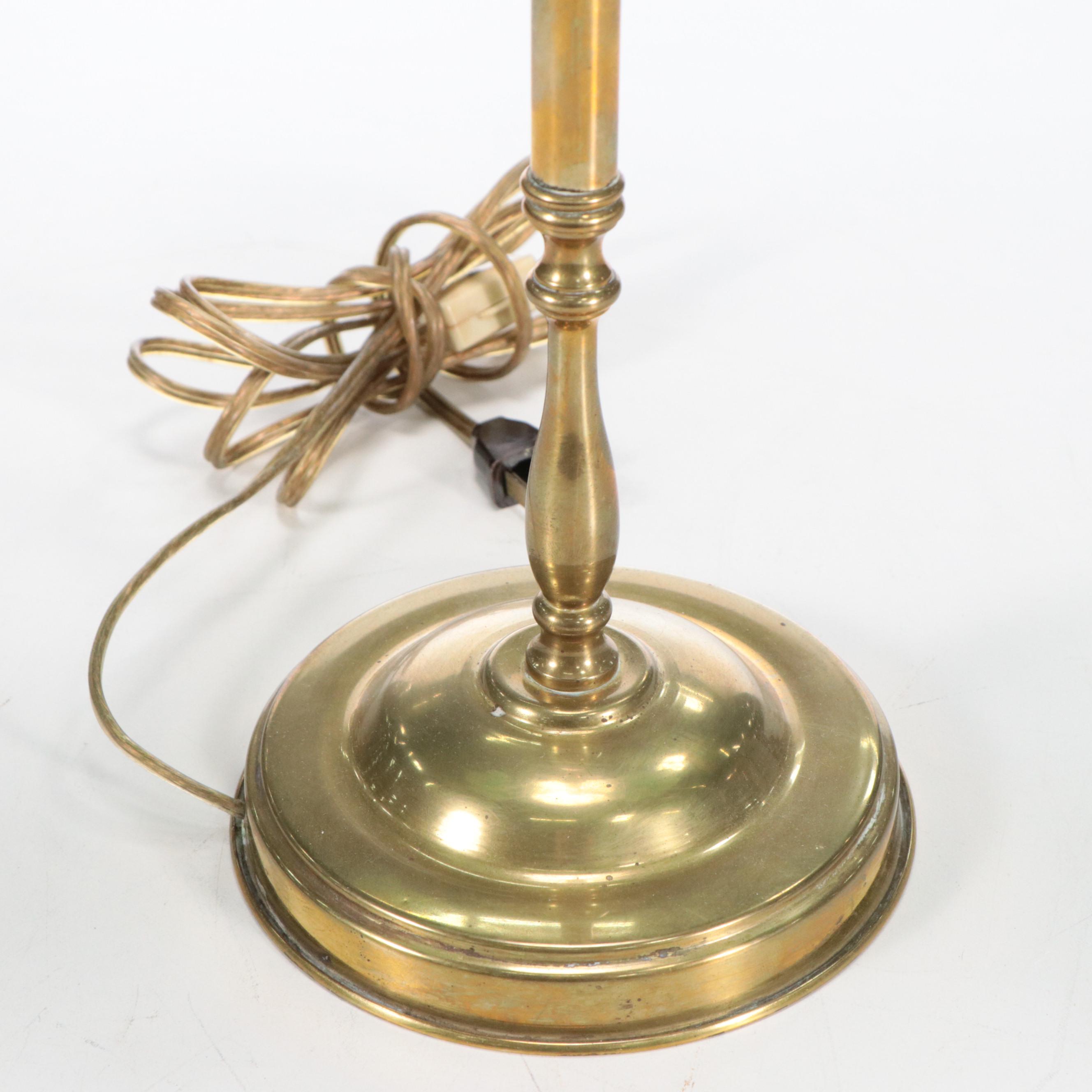 Brass Double-Arm Student Library Lamp & Green Case Glass Shades, Early 20th C