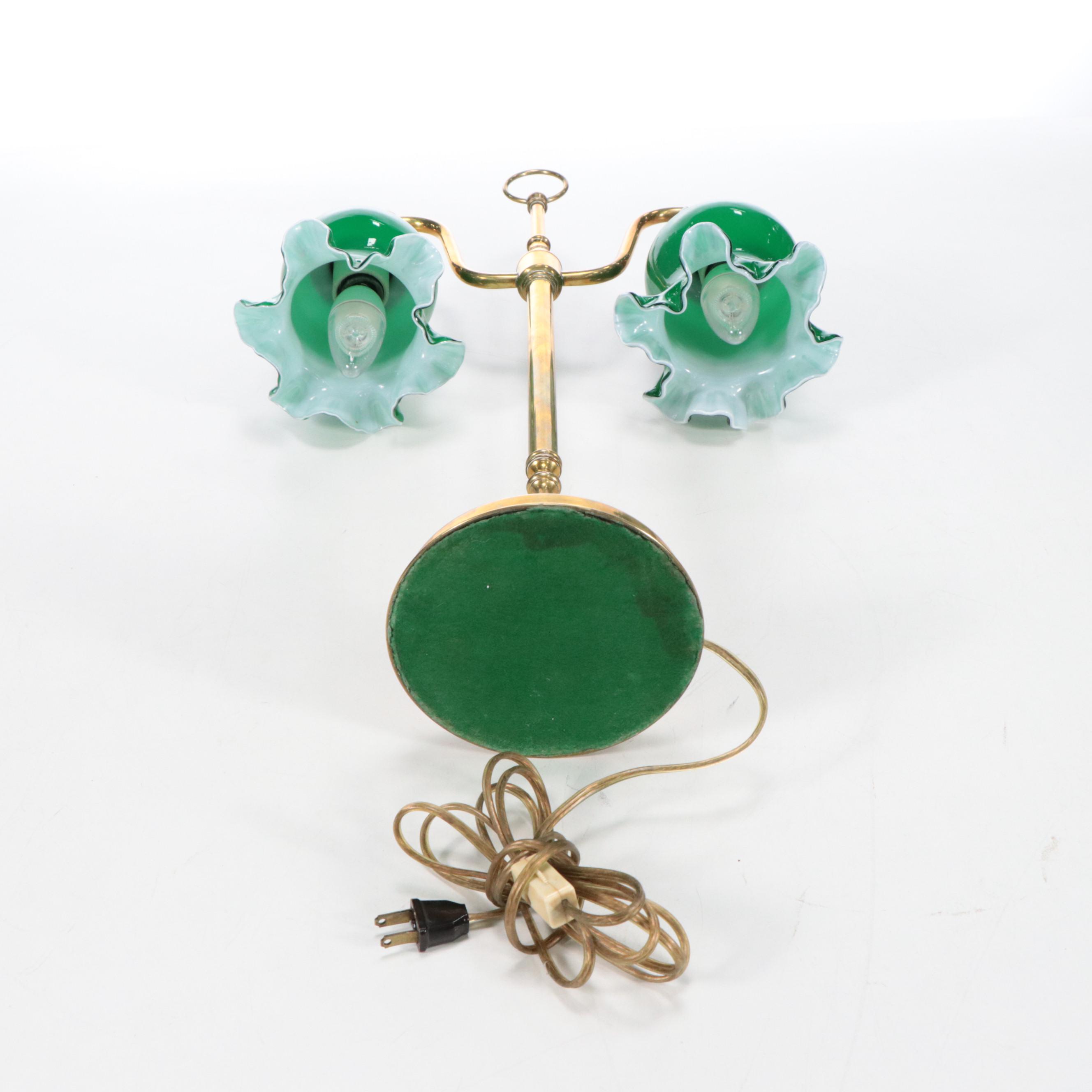 Brass Double-Arm Student Library Lamp & Green Case Glass Shades, Early 20th C