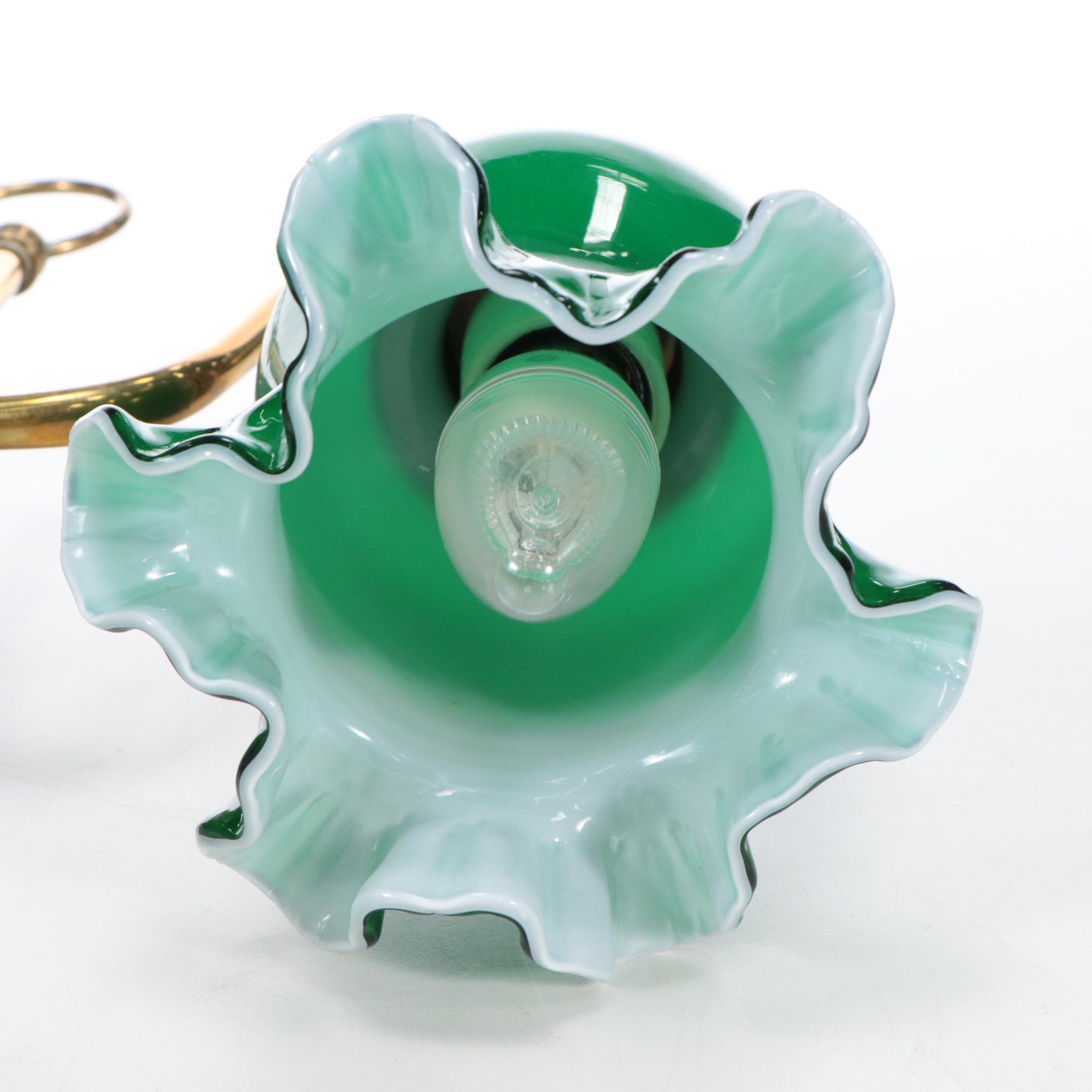 Brass Double-Arm Student Library Lamp & Green Case Glass Shades, Early 20th C