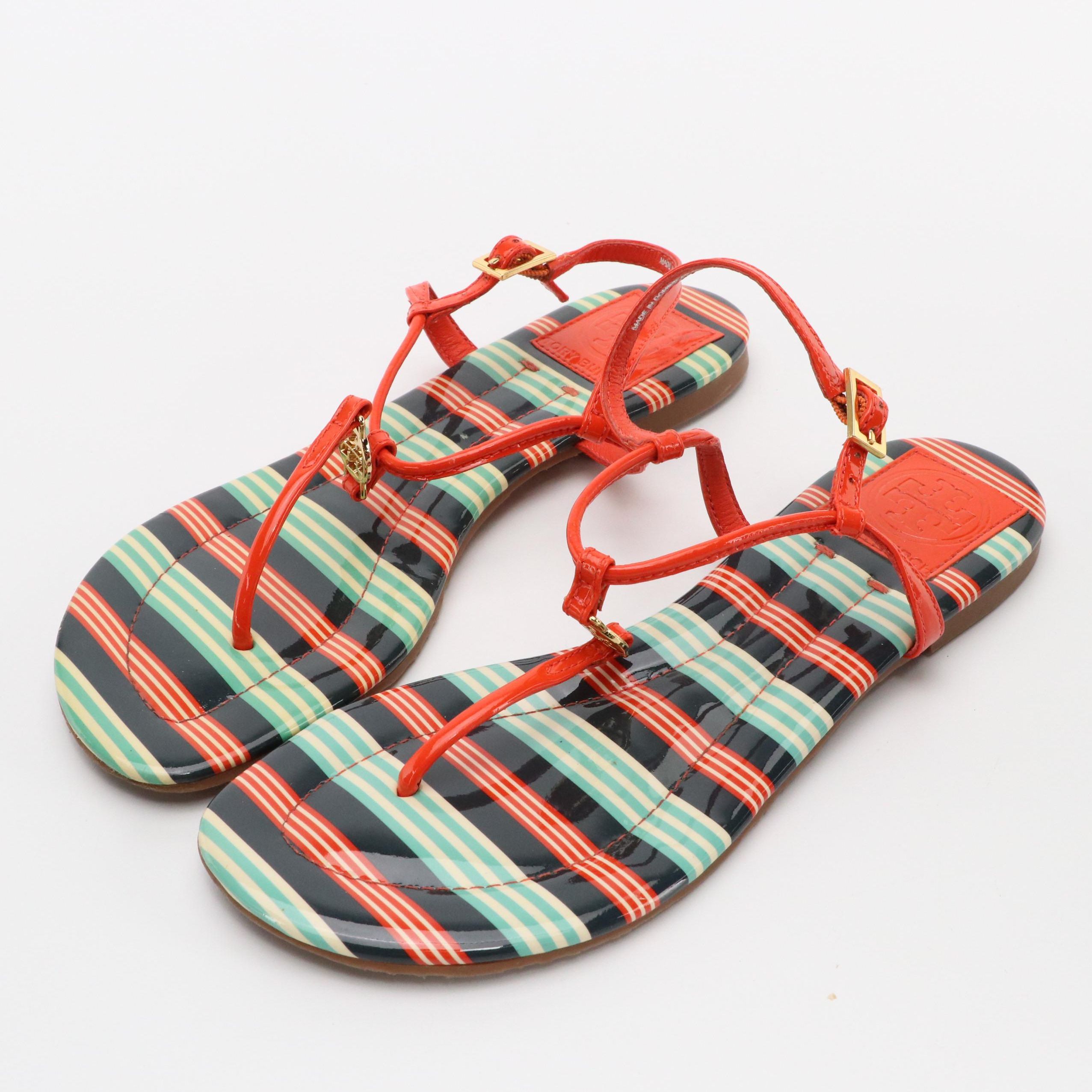 Tory Burch Emmy Sandals in Habanero Pepper/Bauer Stripe Patent Leather, With Box