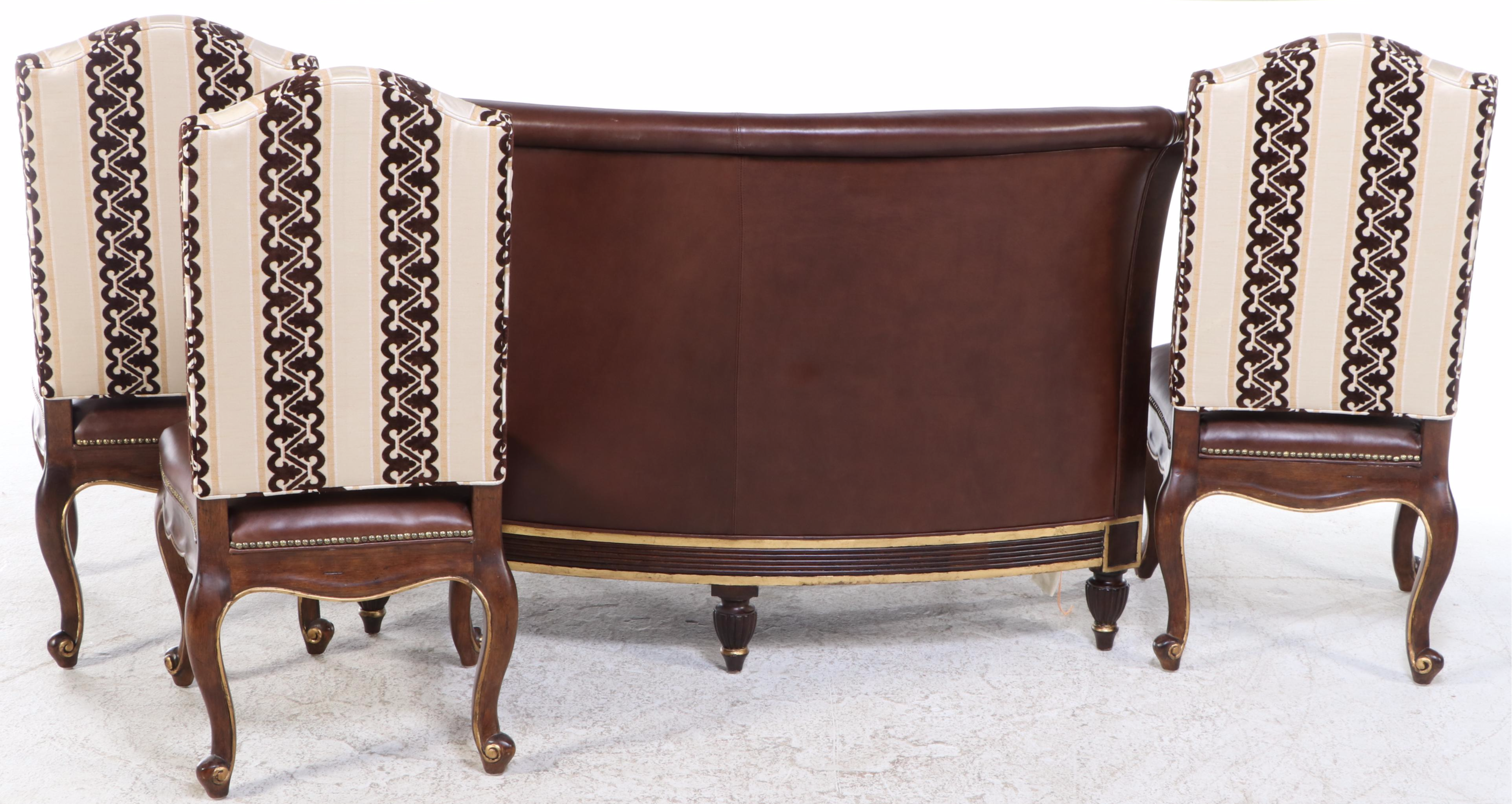 Century Furniture Leather Upholstered Curved Loveseat and Three Side Chairs