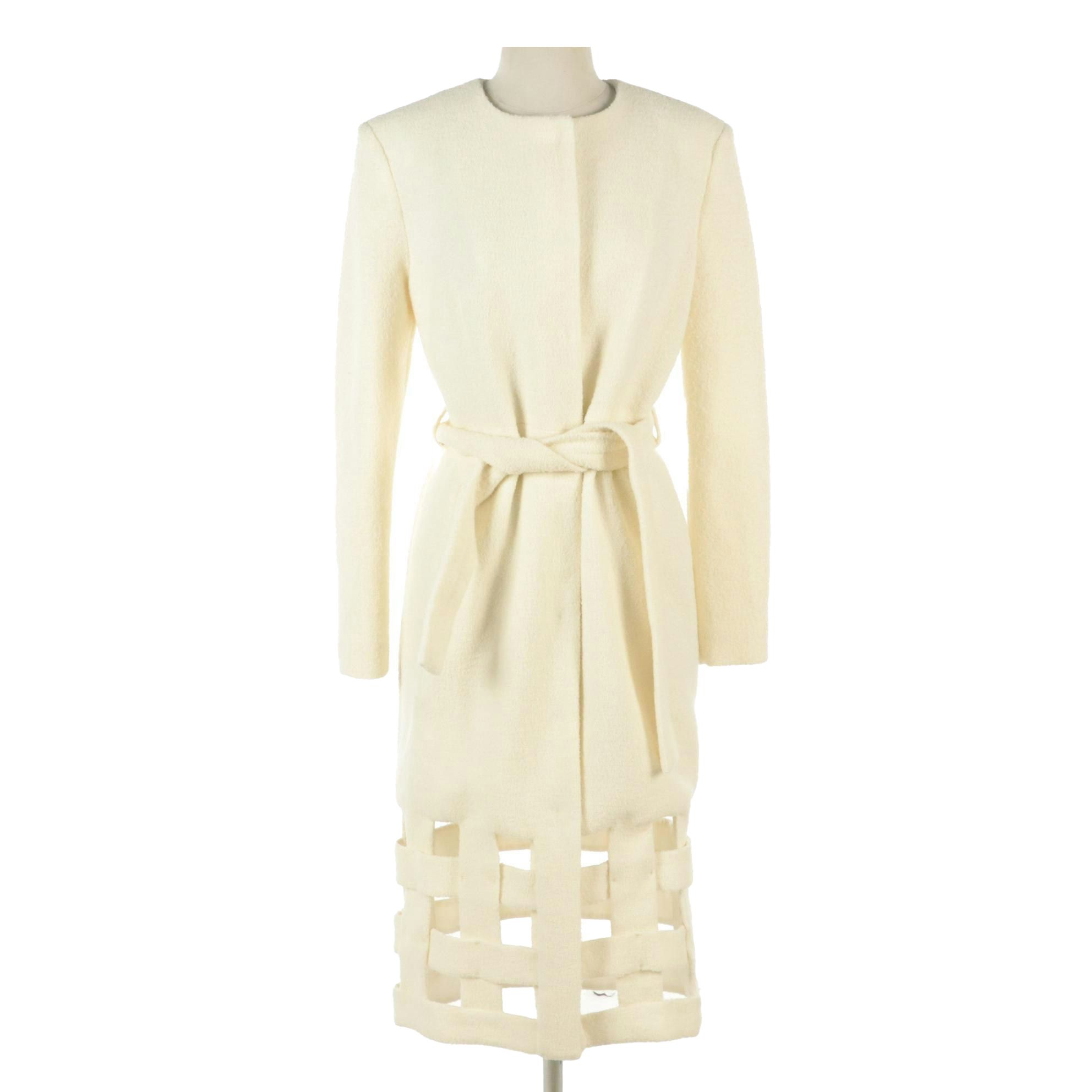 Nonoo New York Wool Snap-Front Long Jacket with Tie Belt and Basket Weave Detail