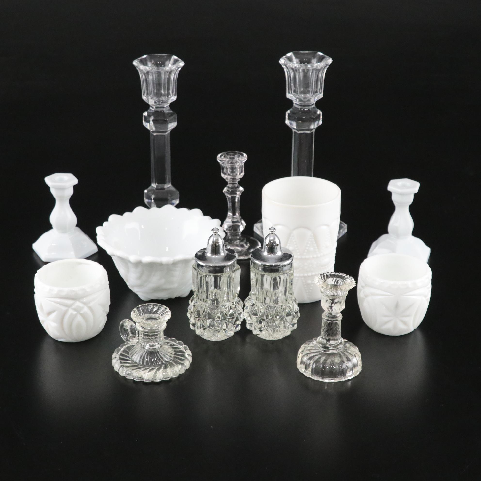 Glassware with Candle Sticks, Shakers, Tumblers, and a Bowl
