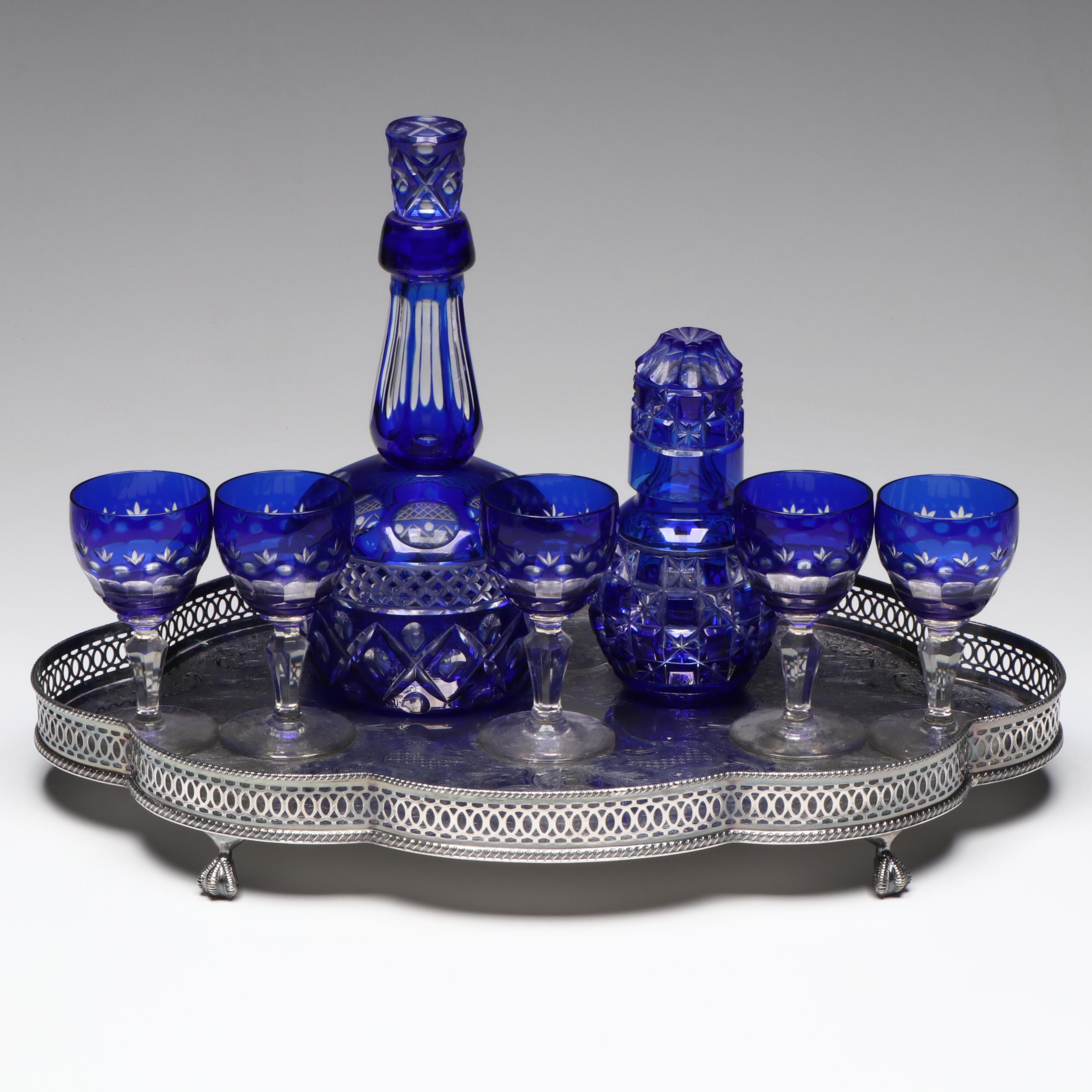 Bohemian Style Cobalt Cut to Clear Glass Decanter Set and Towle Gallery Tray