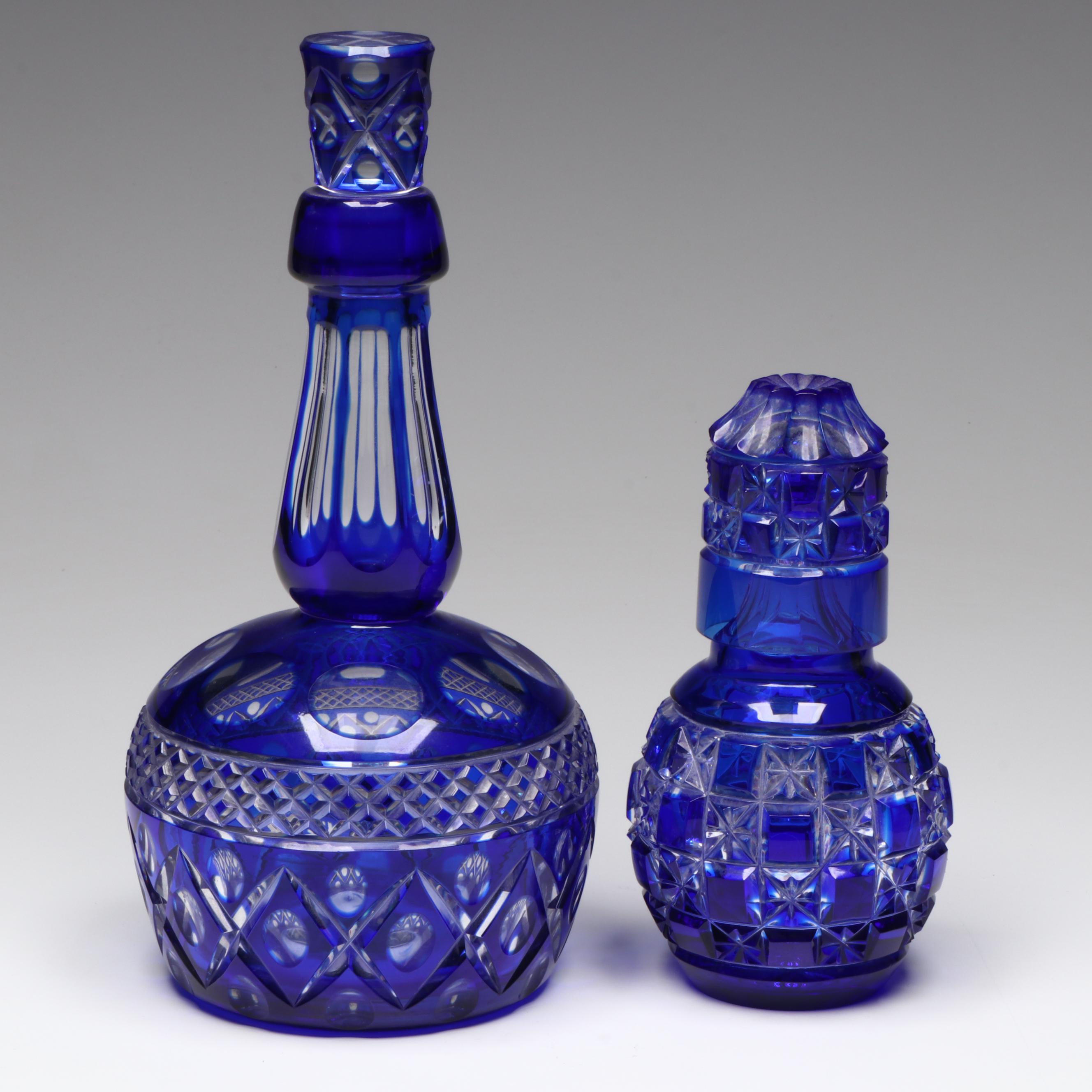 Bohemian Style Cobalt Cut to Clear Glass Decanter Set and Towle Gallery Tray