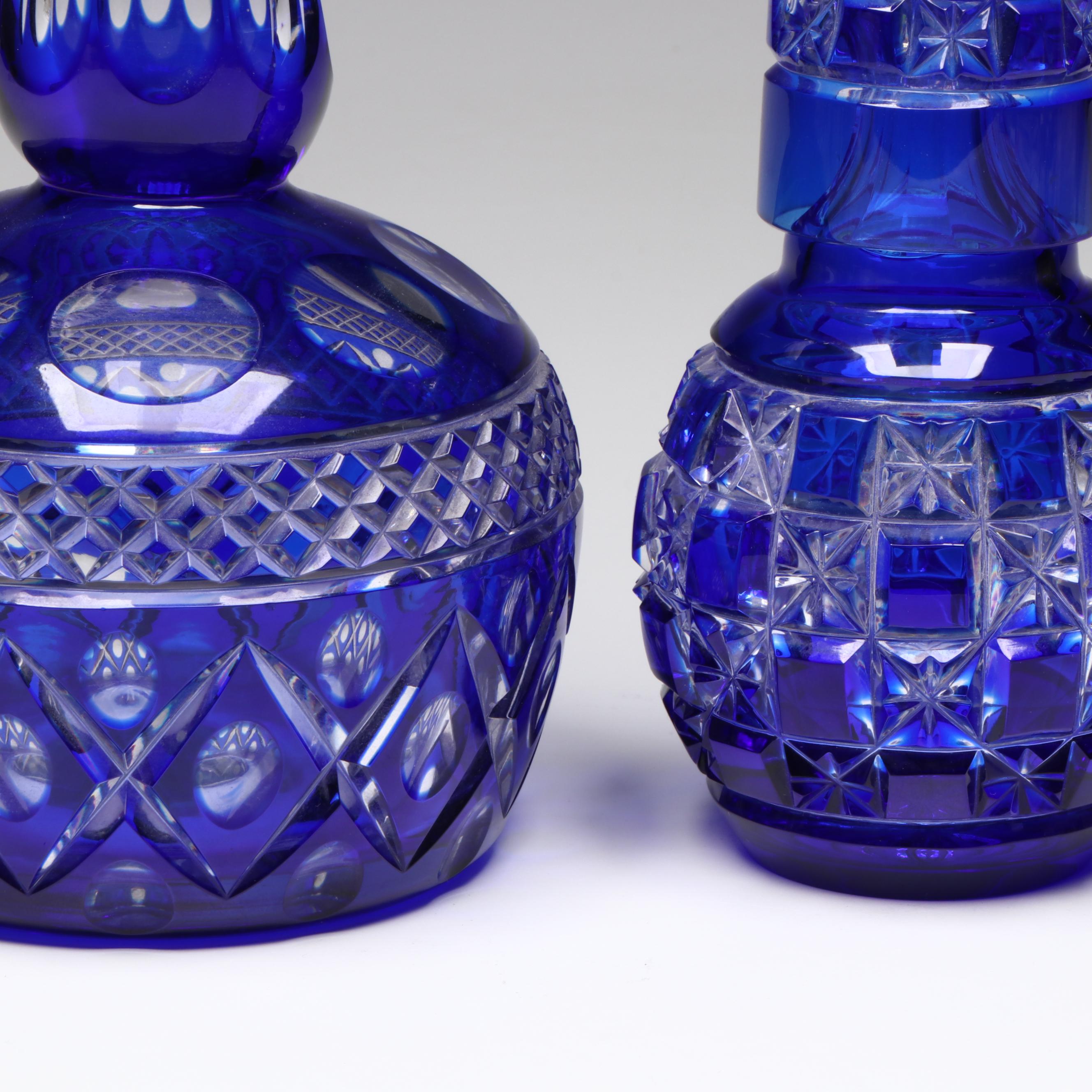 Bohemian Style Cobalt Cut to Clear Glass Decanter Set and Towle Gallery Tray