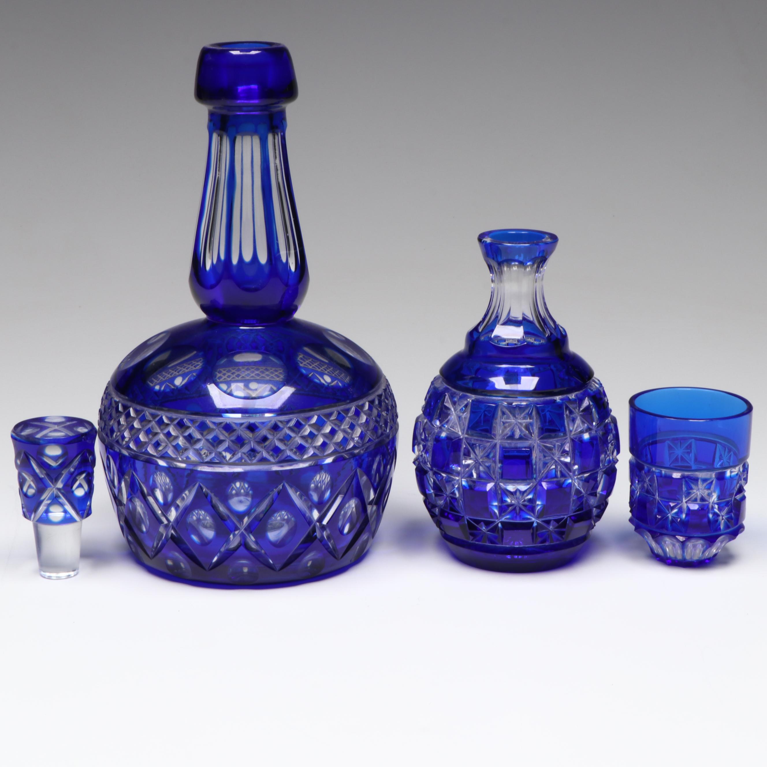 Bohemian Style Cobalt Cut to Clear Glass Decanter Set and Towle Gallery Tray