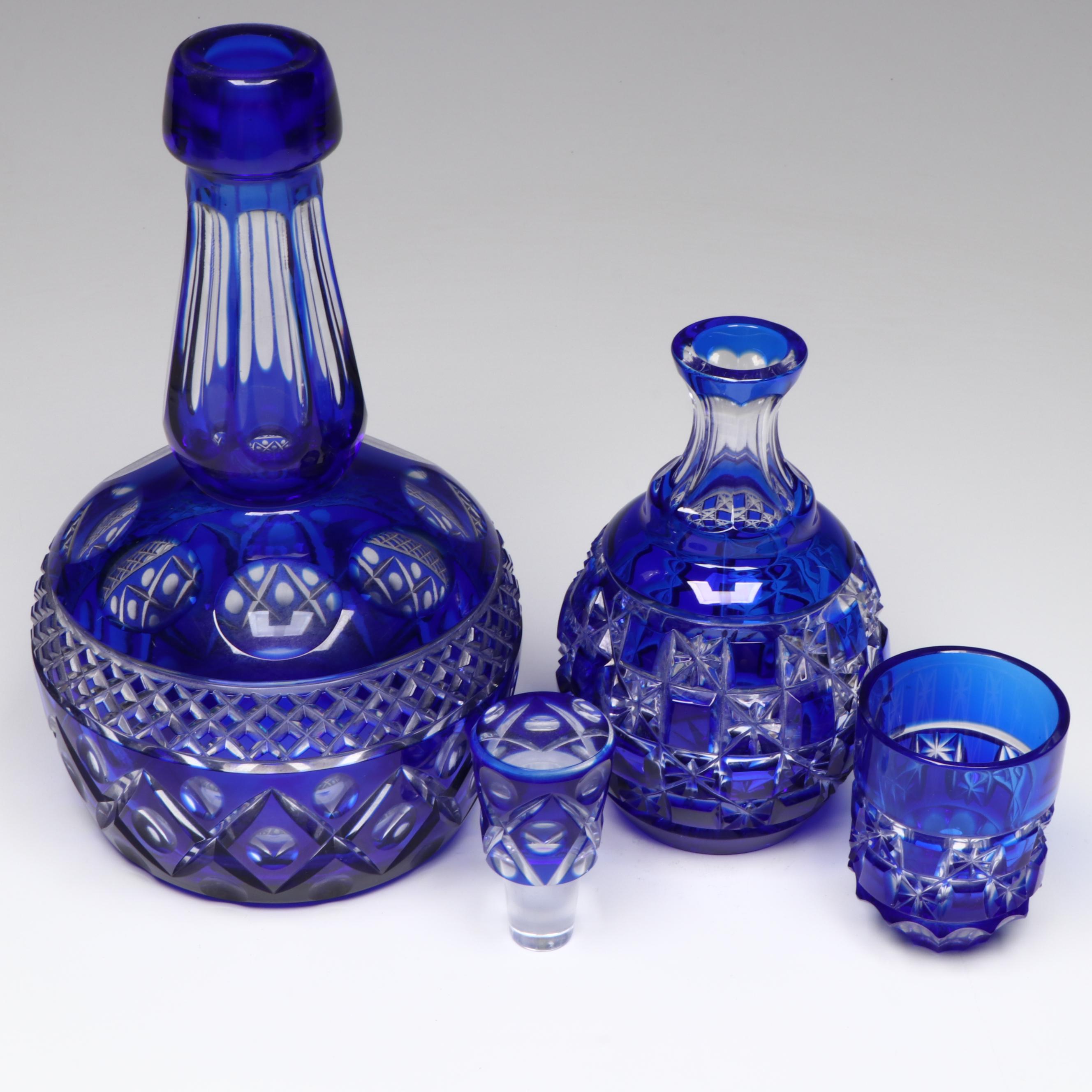 Bohemian Style Cobalt Cut to Clear Glass Decanter Set and Towle Gallery Tray