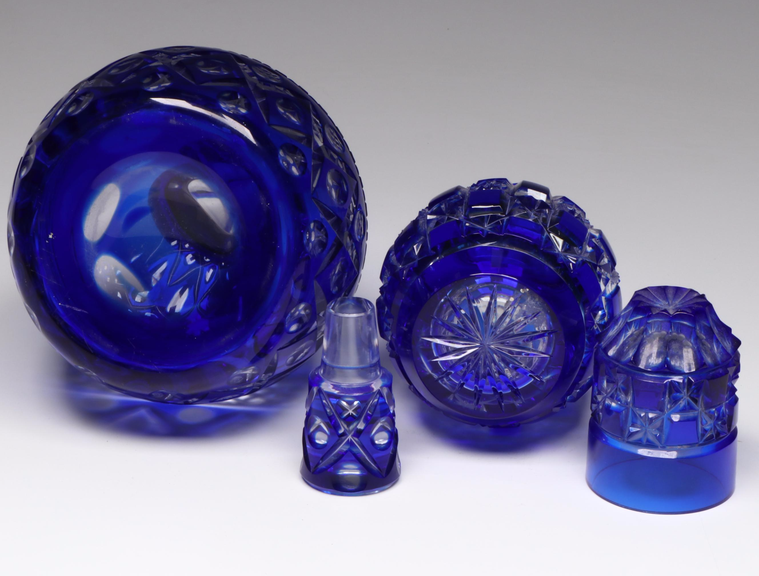Bohemian Style Cobalt Cut to Clear Glass Decanter Set and Towle Gallery Tray