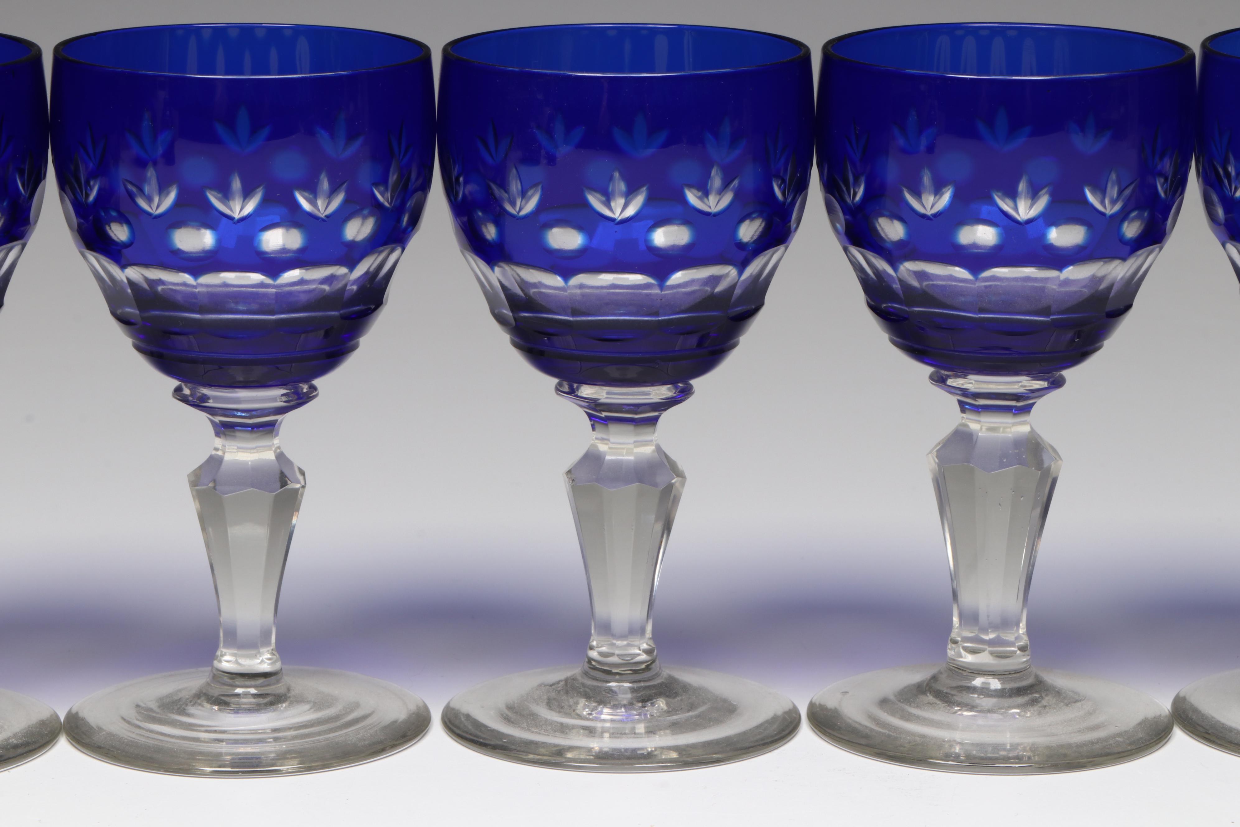 Bohemian Style Cobalt Cut to Clear Glass Decanter Set and Towle Gallery Tray