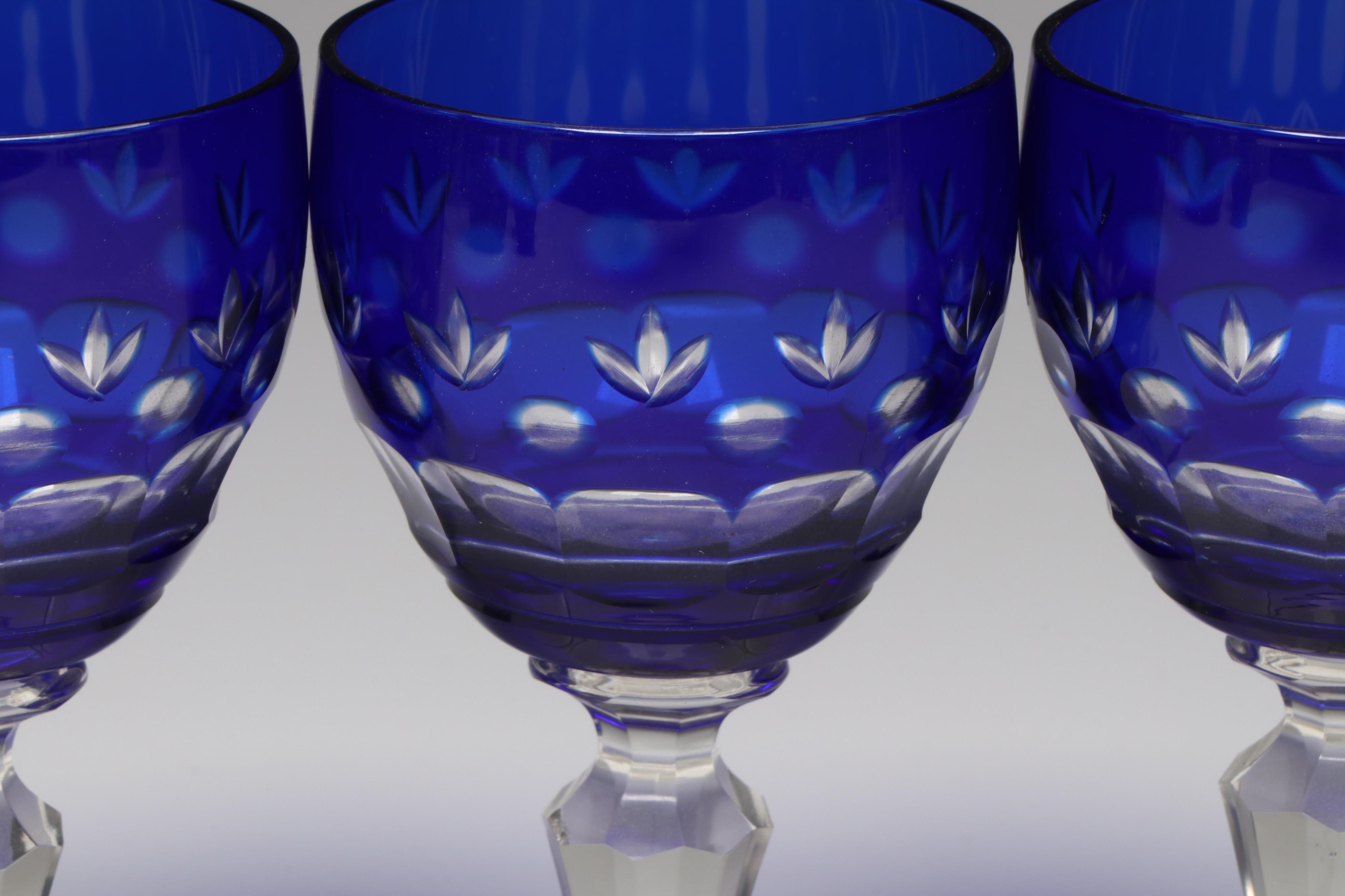 Bohemian Style Cobalt Cut to Clear Glass Decanter Set and Towle Gallery Tray