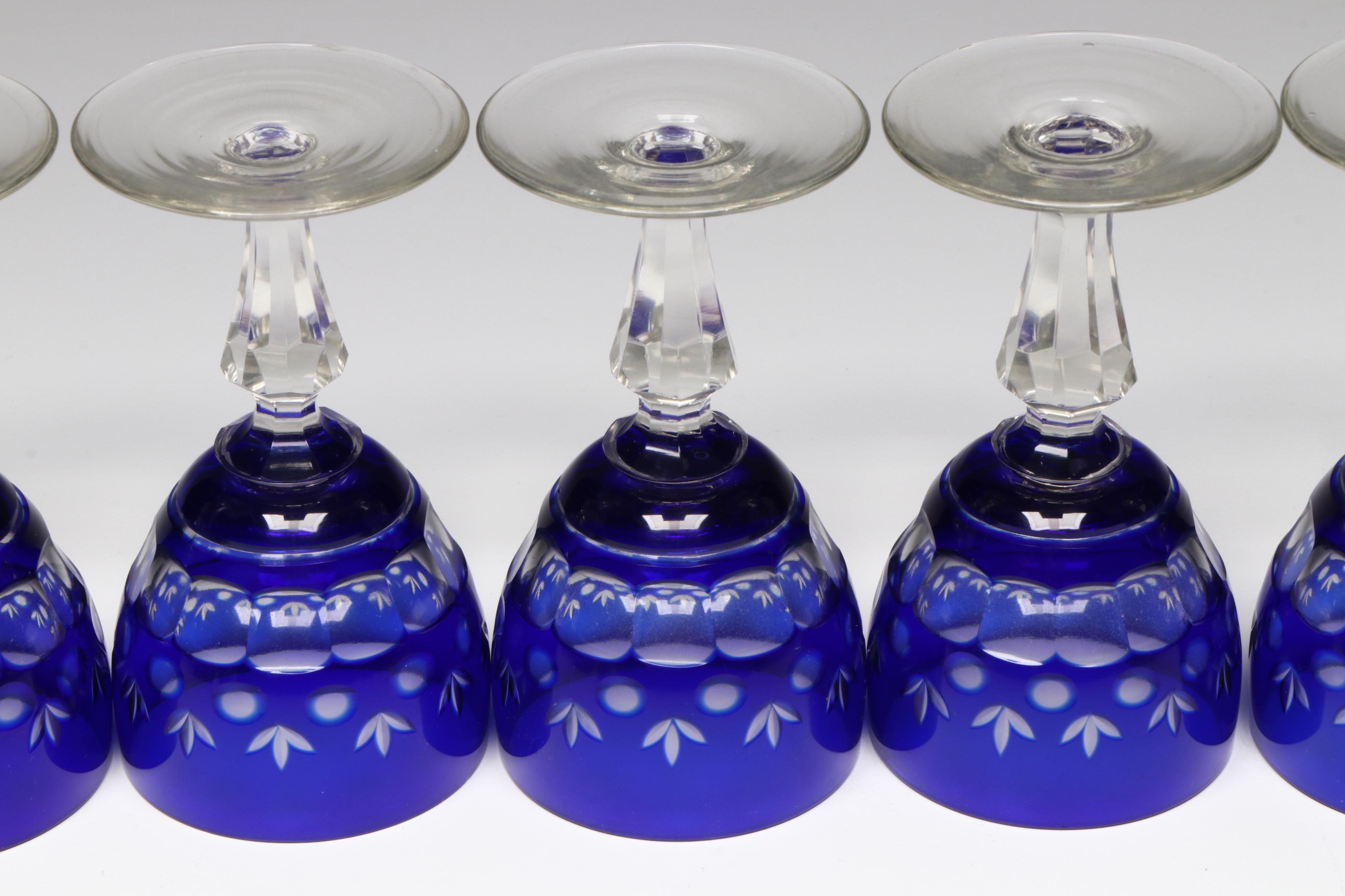 Bohemian Style Cobalt Cut to Clear Glass Decanter Set and Towle Gallery Tray