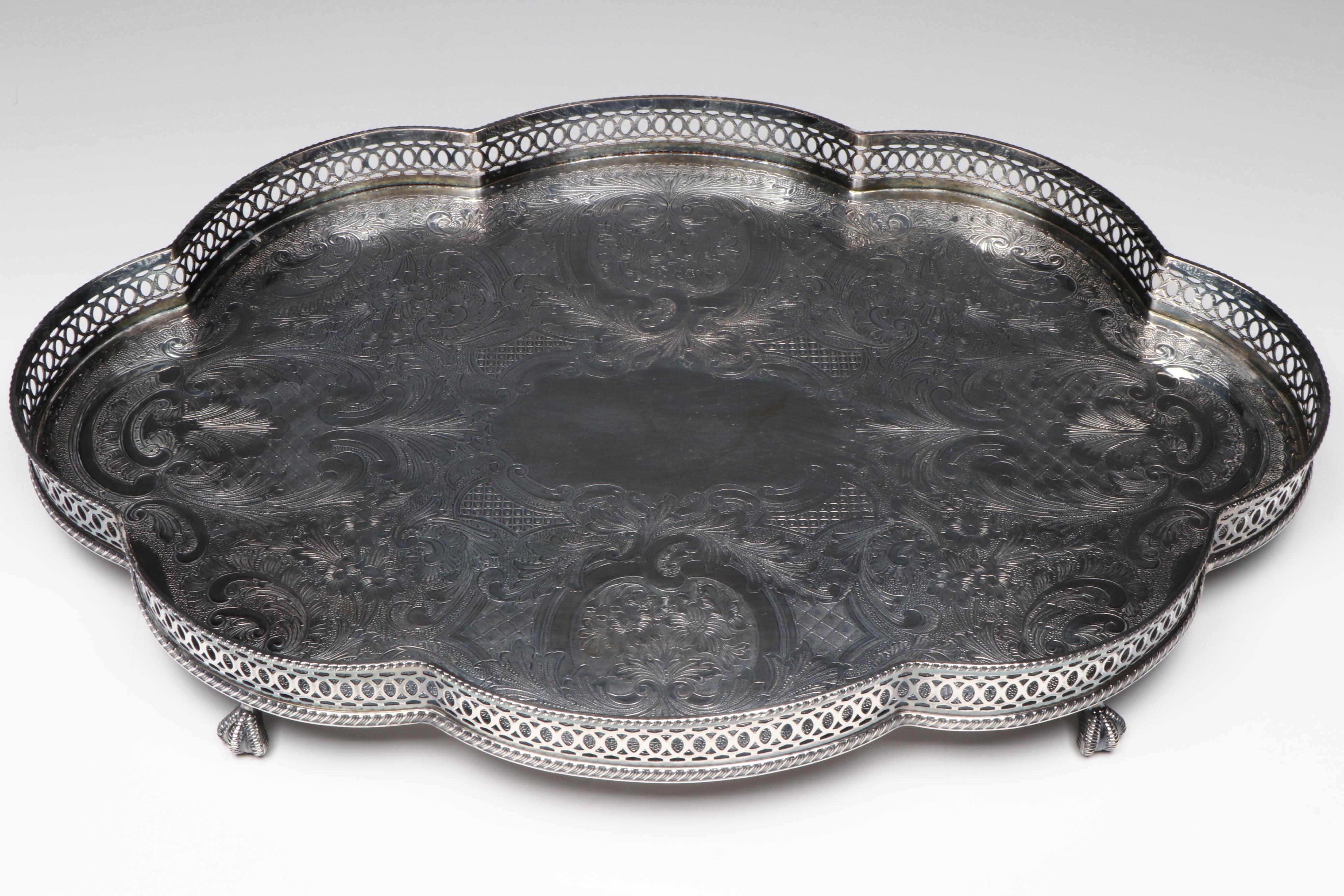 Bohemian Style Cobalt Cut to Clear Glass Decanter Set and Towle Gallery Tray