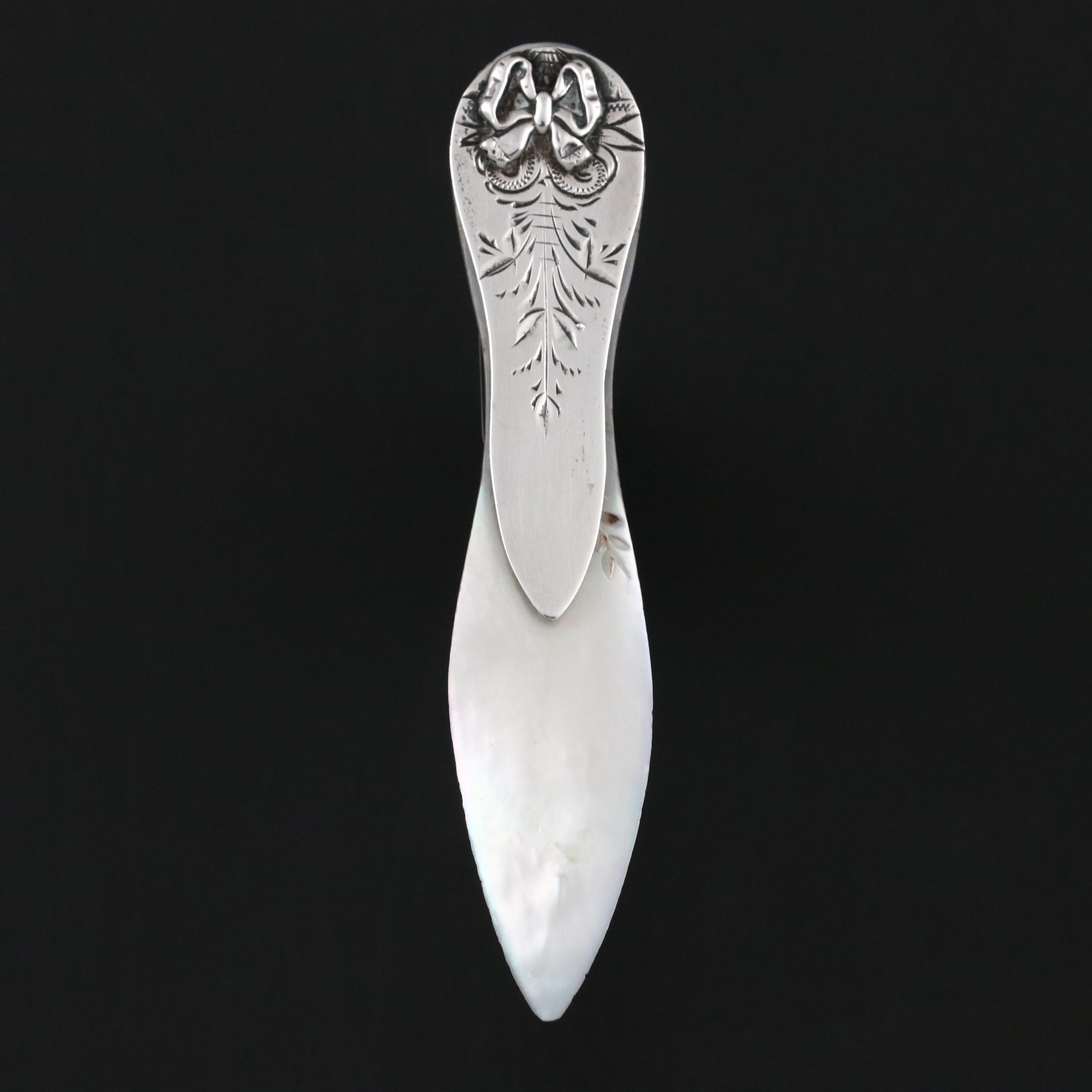 Antique Victorian Engraved Sterling Silver and Mother-of-Pearl Bookmark