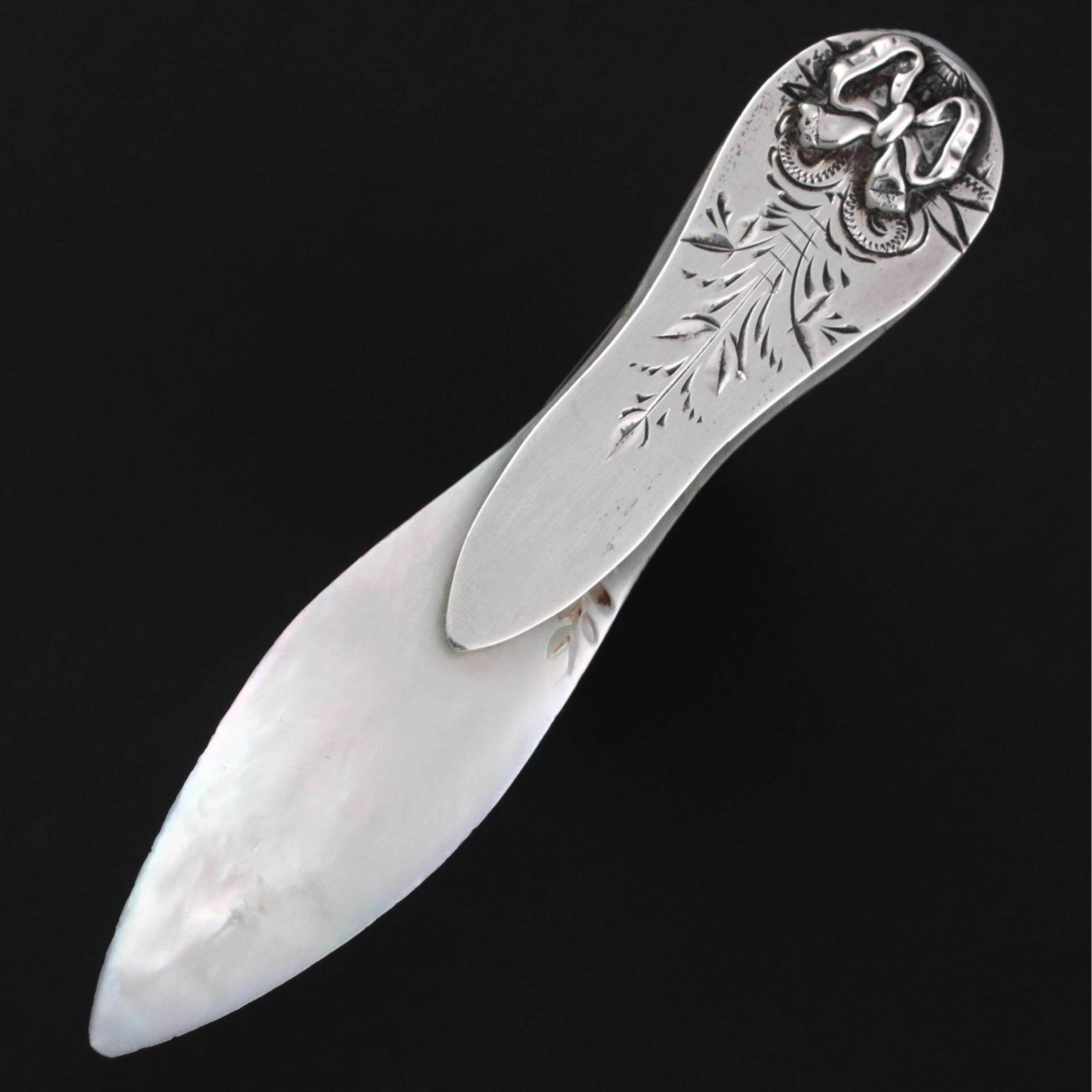 Antique Victorian Engraved Sterling Silver and Mother-of-Pearl Bookmark