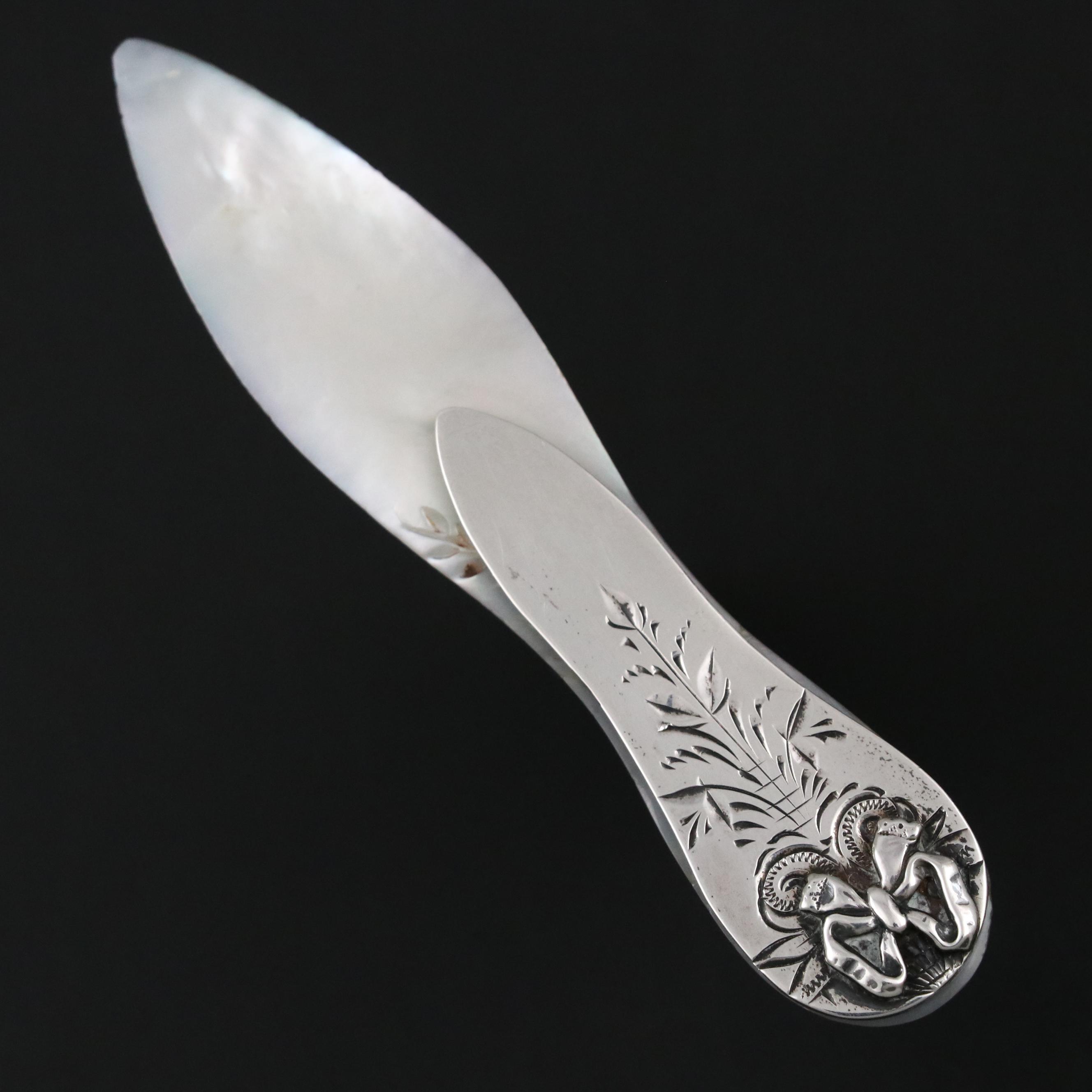 Antique Victorian Engraved Sterling Silver and Mother-of-Pearl Bookmark