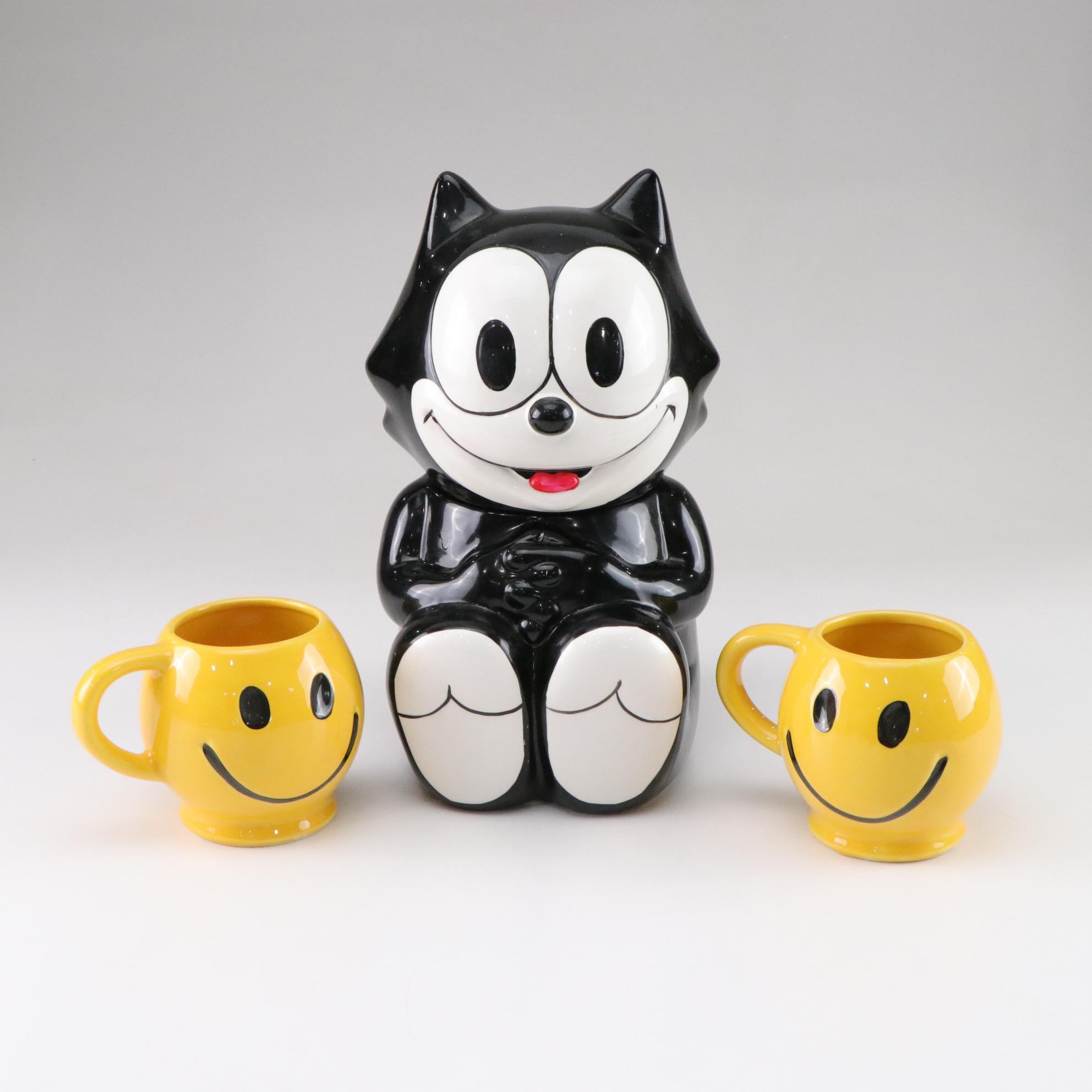 Felix the Cat Cookie Jar with McCoy Yellow Smiley Face Mugs