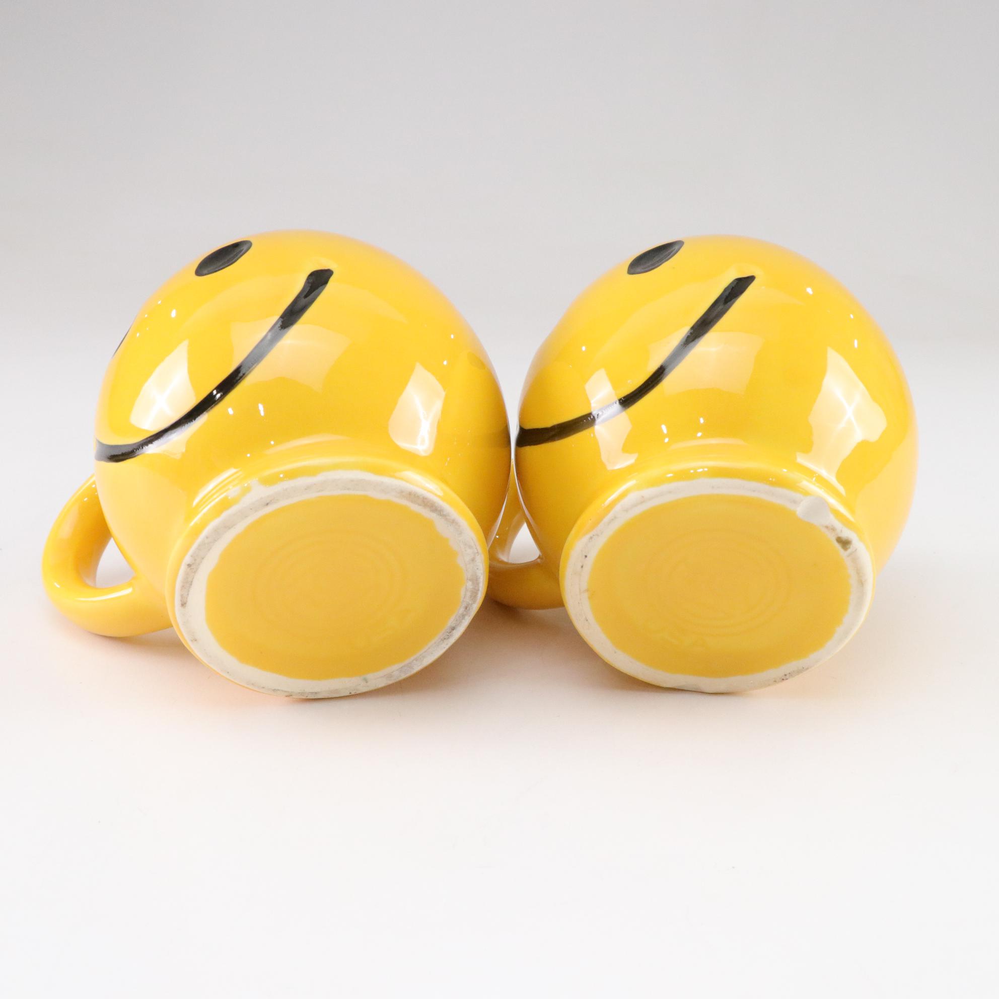 Felix the Cat Cookie Jar with McCoy Yellow Smiley Face Mugs