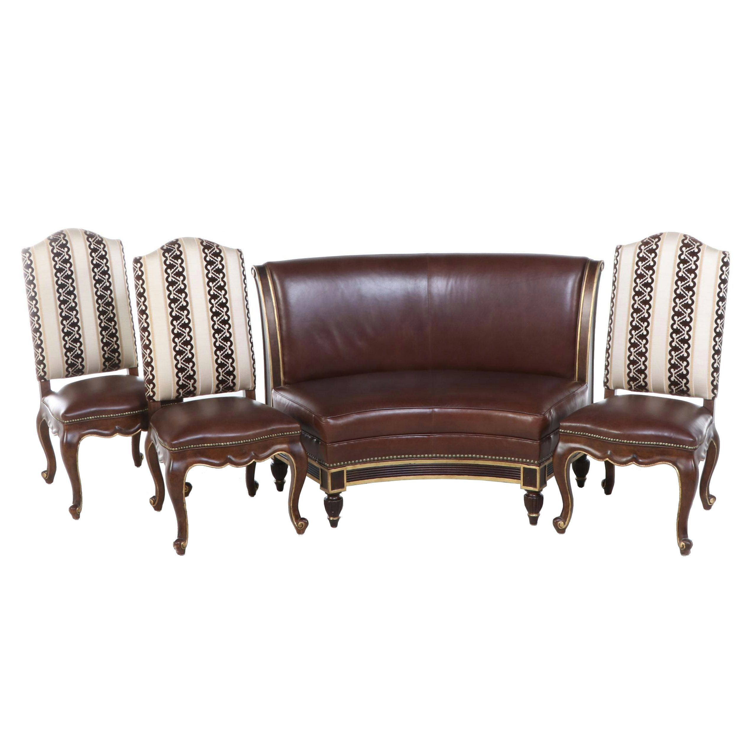 Century Furniture Leather Upholstered Curved Loveseat and Three Side Chairs