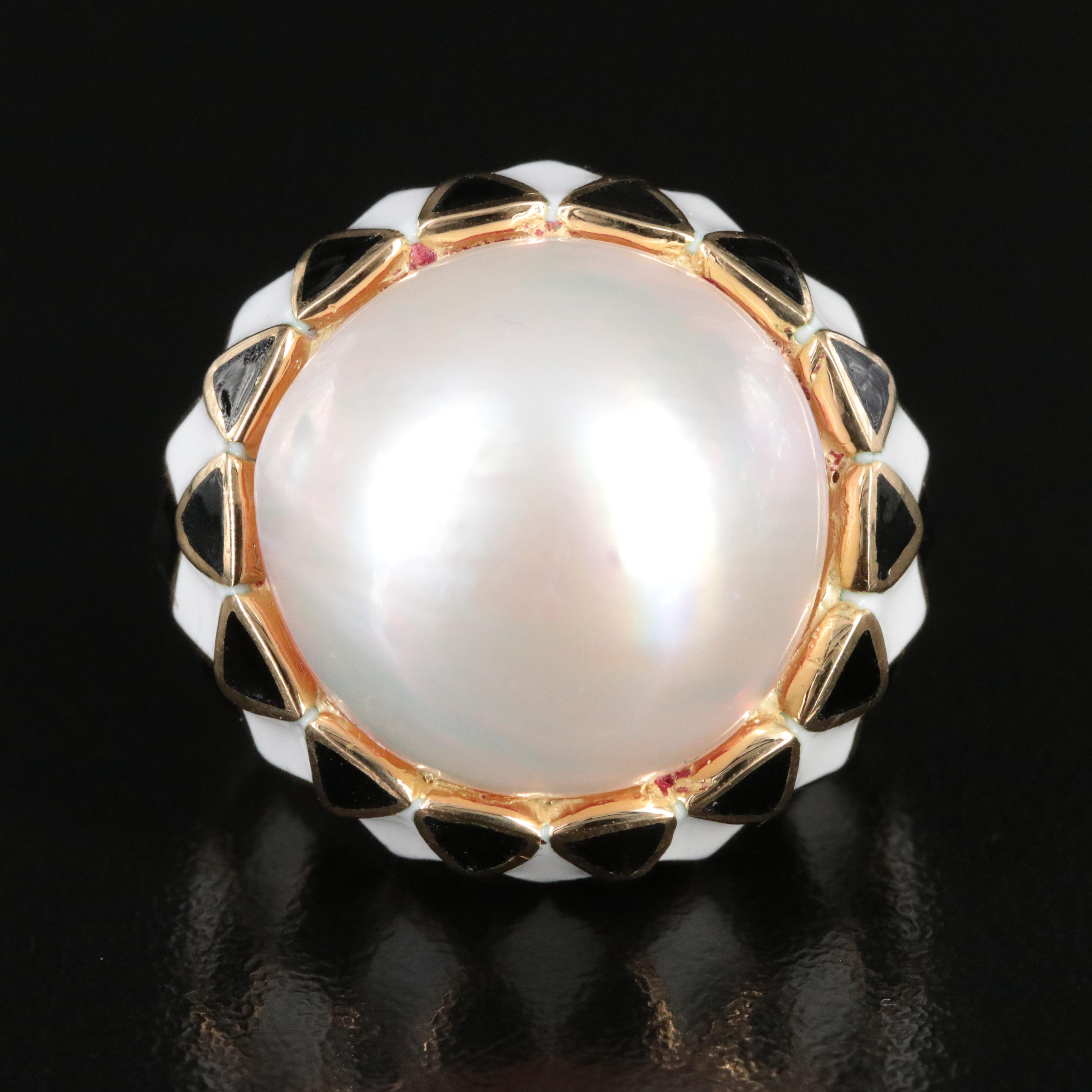 David Webb 18K Pearl and Enamel Ring