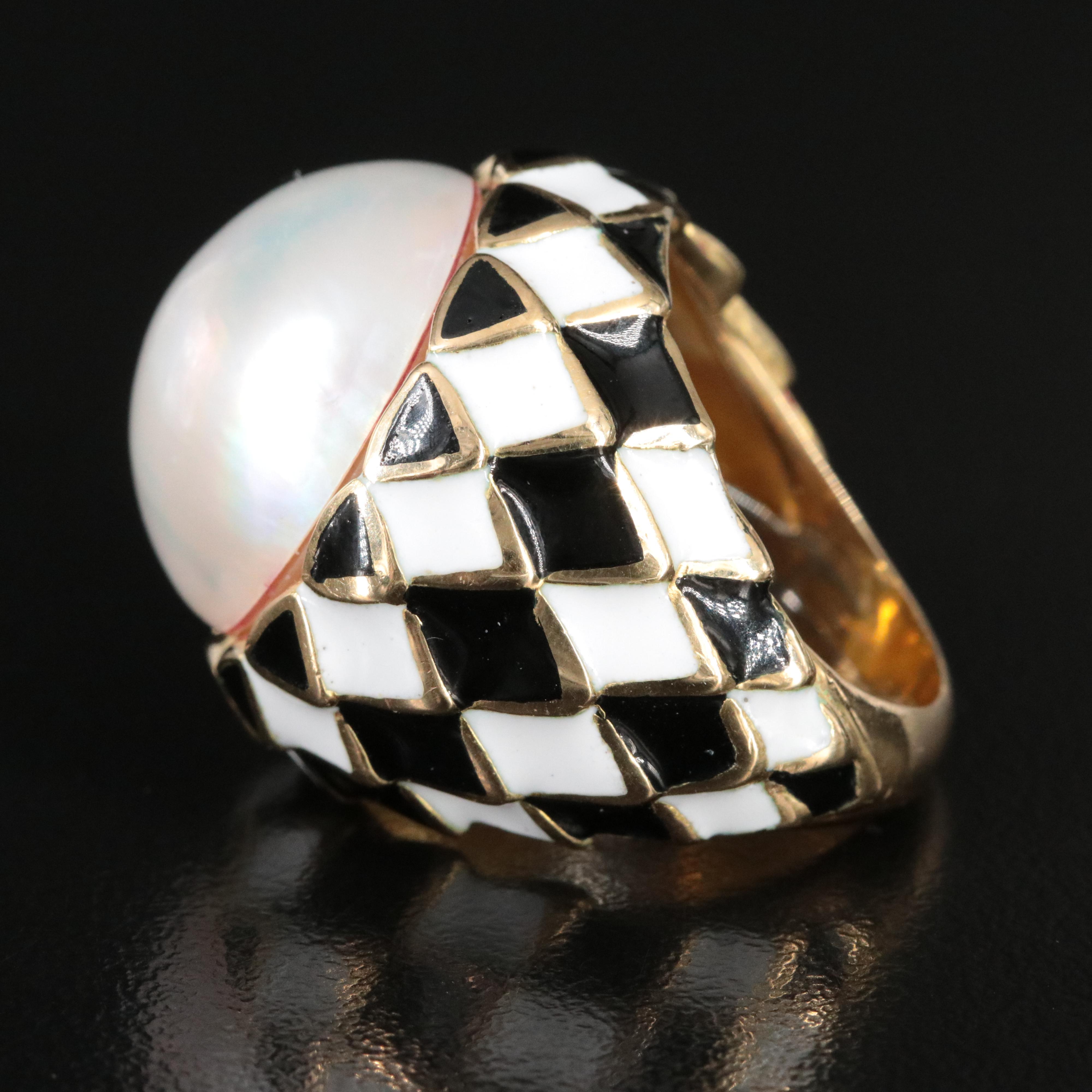 David Webb 18K Pearl and Enamel Ring
