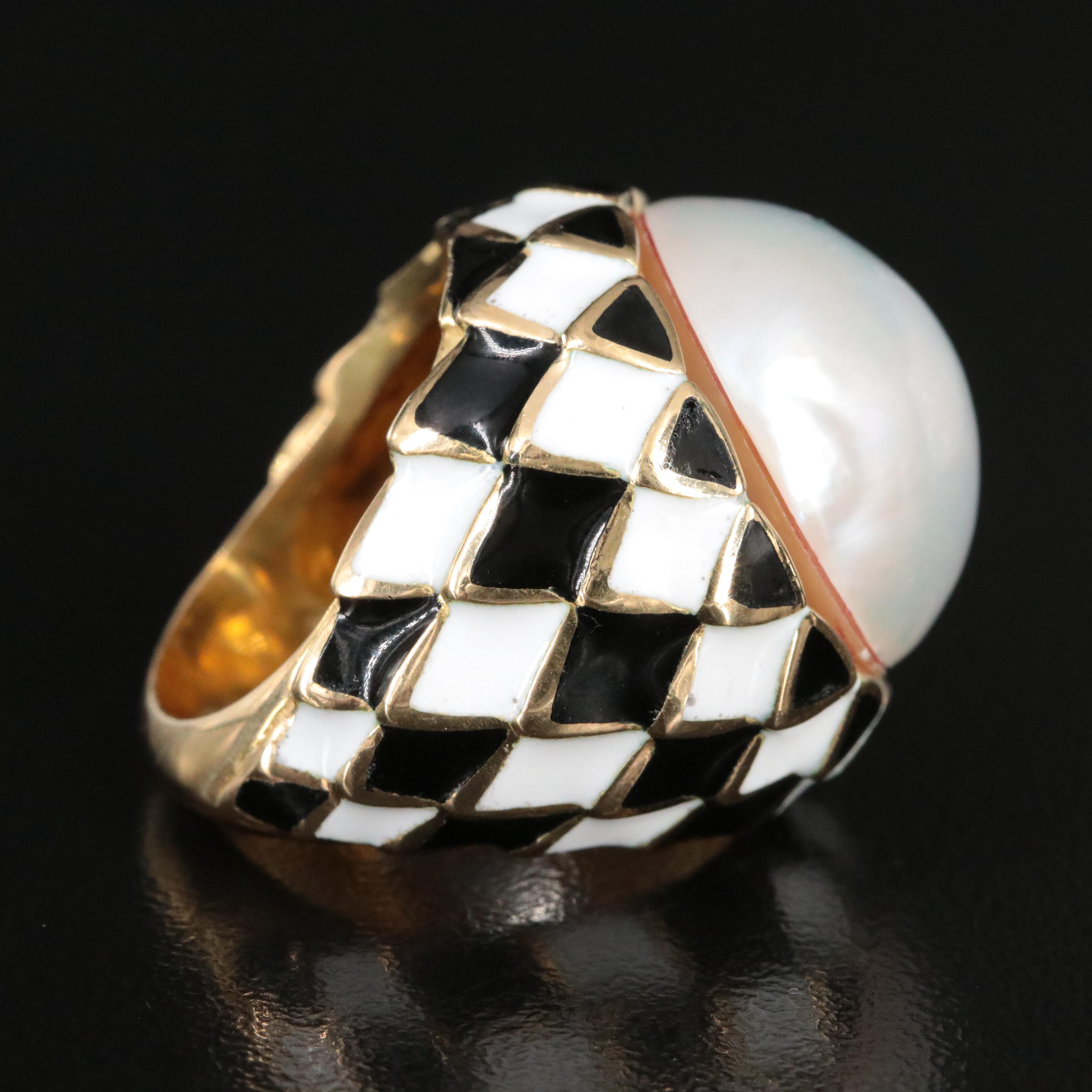David Webb 18K Pearl and Enamel Ring
