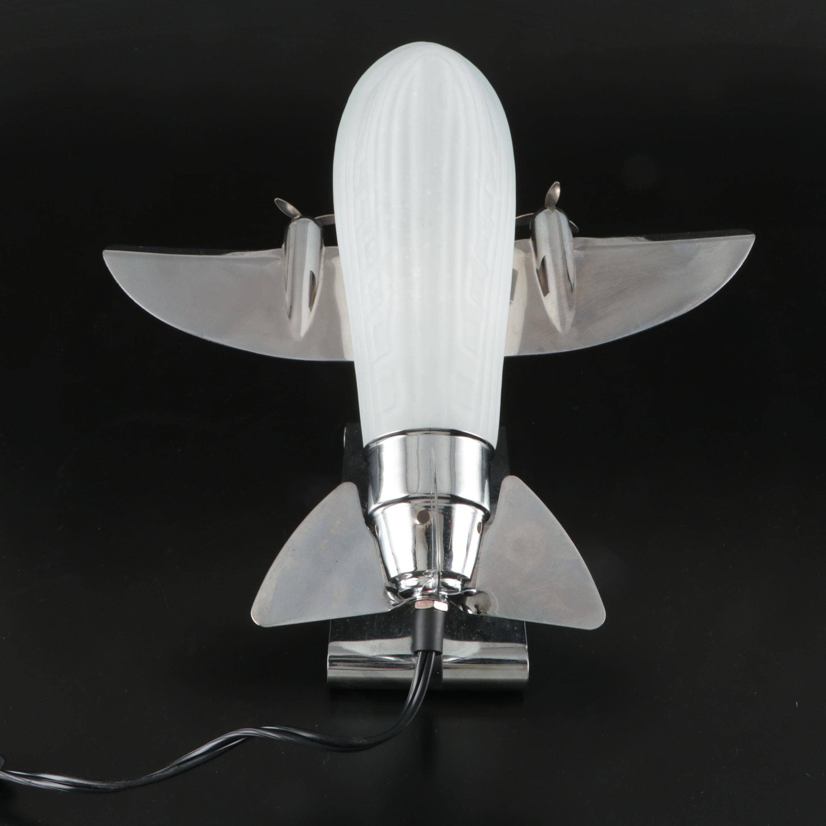 Deco Revival Satin Glass and Chrome DC3 Airplane Lamp, Manner of Sarsaparilla