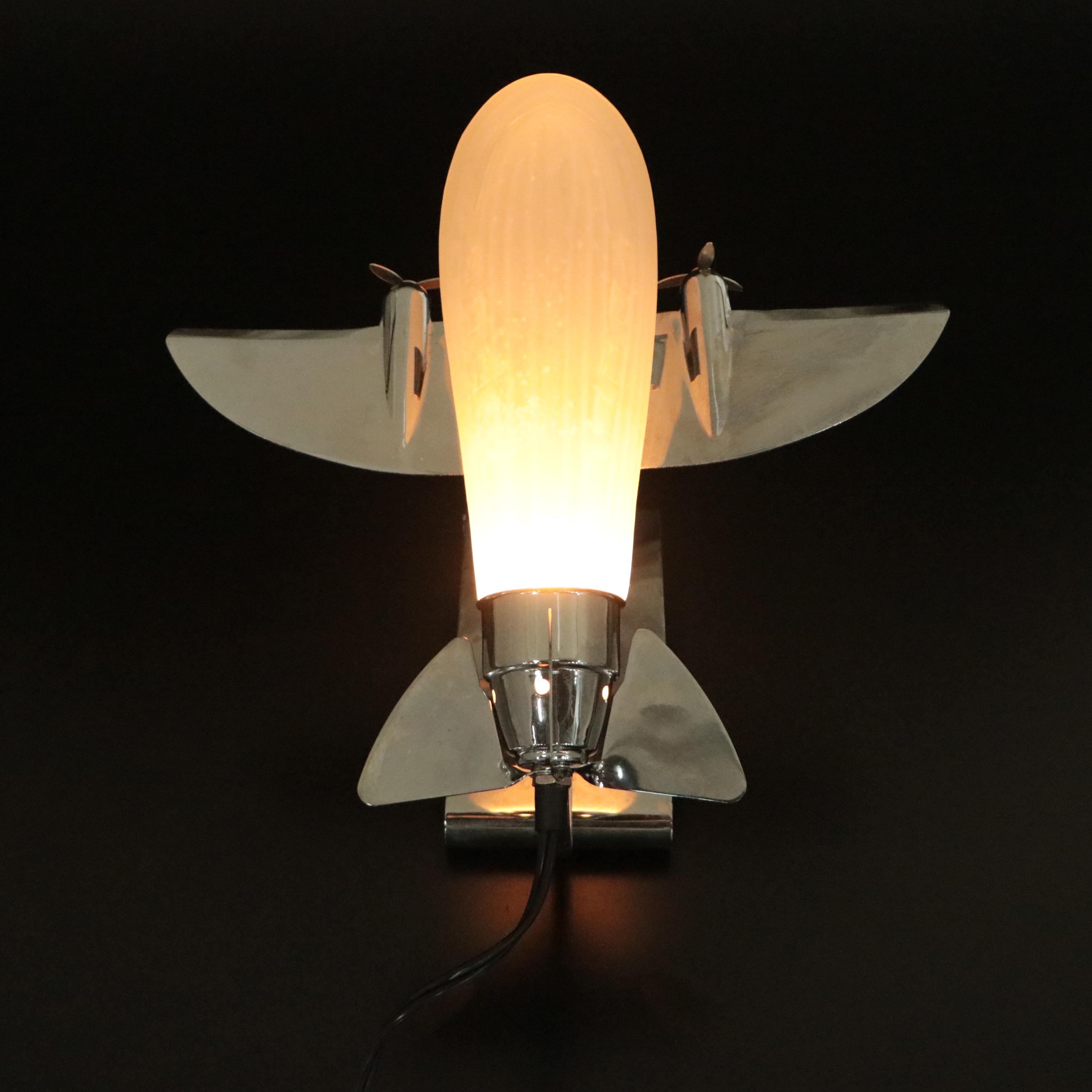 Deco Revival Satin Glass and Chrome DC3 Airplane Lamp, Manner of Sarsaparilla