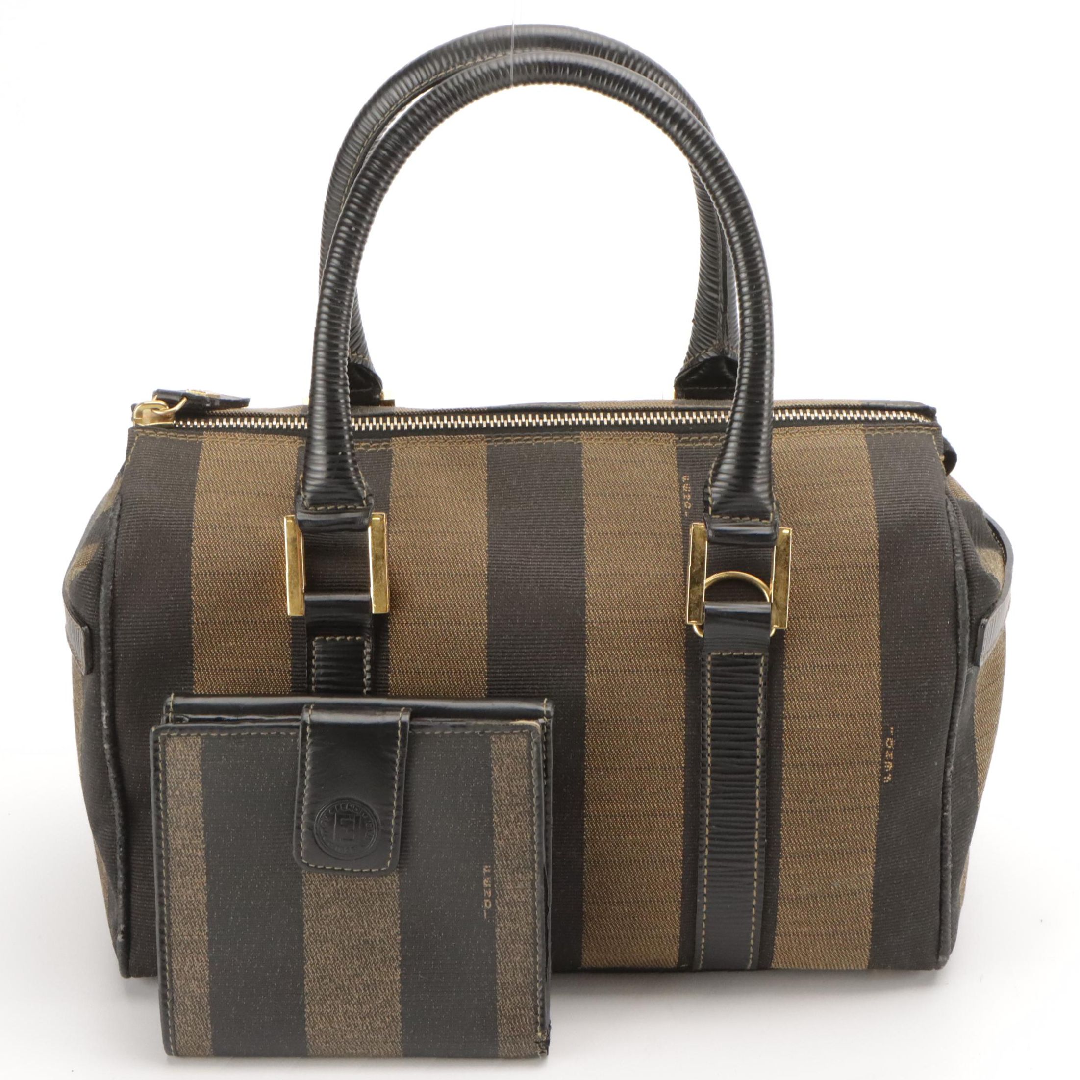 Fendi Pequin Stripe Canvas Boston Bag and Wallet with Black Leather Trim