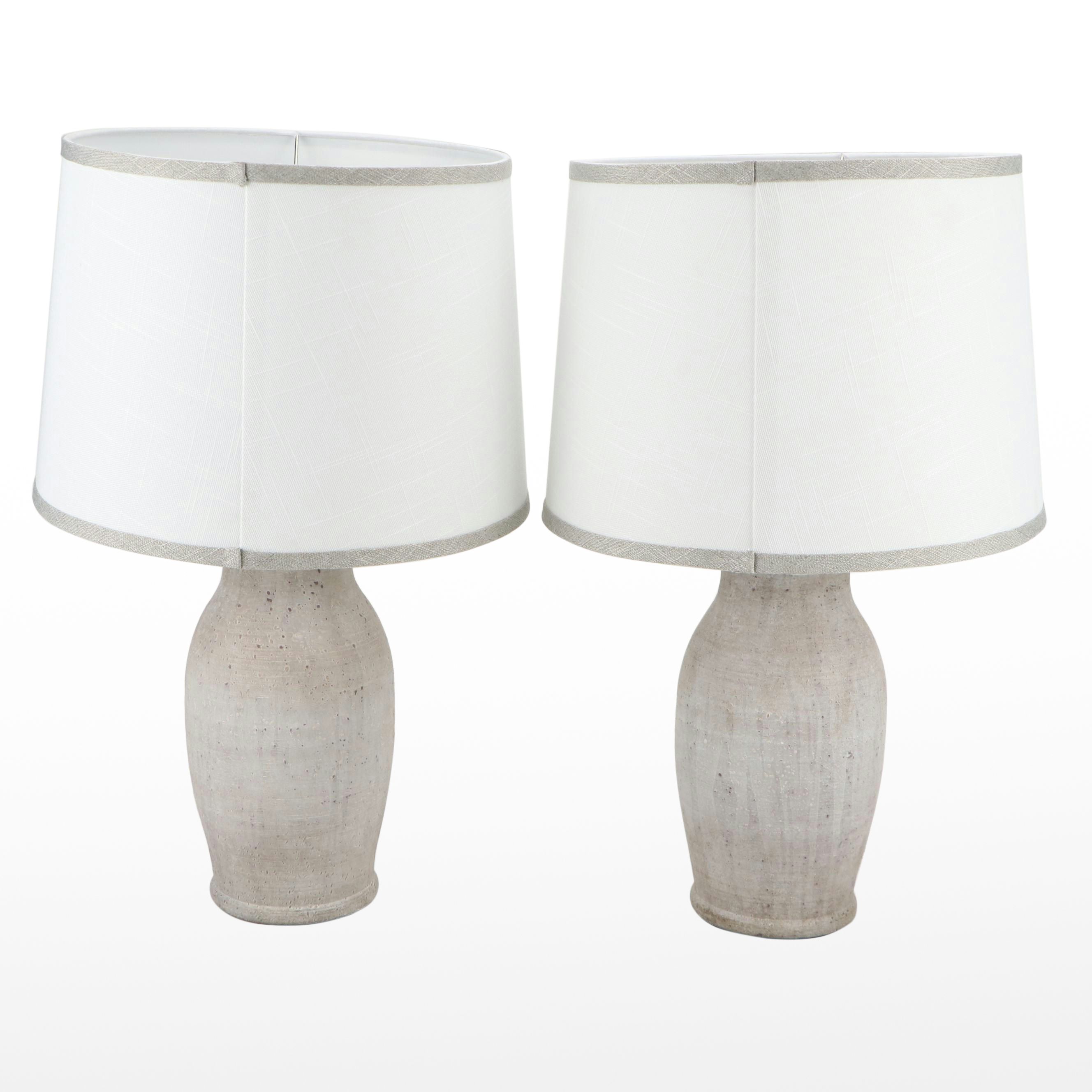 Pair of Grey Pottery Lamps with Trimmed Silk Drum Shades, 21st C.