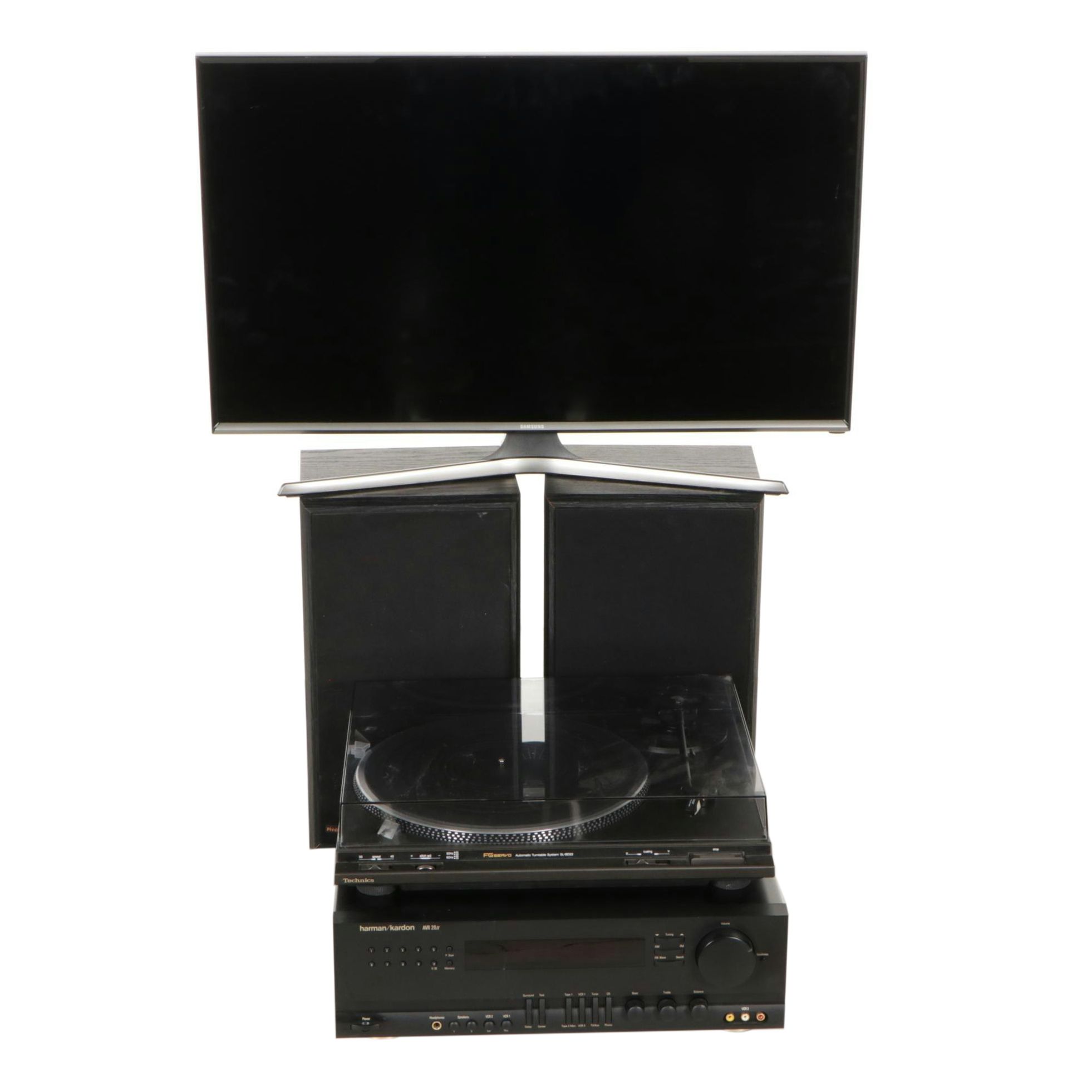 Harman/Kardon AVR 20II Receiver, Technics Turntable, Samsung TV, and Speakers