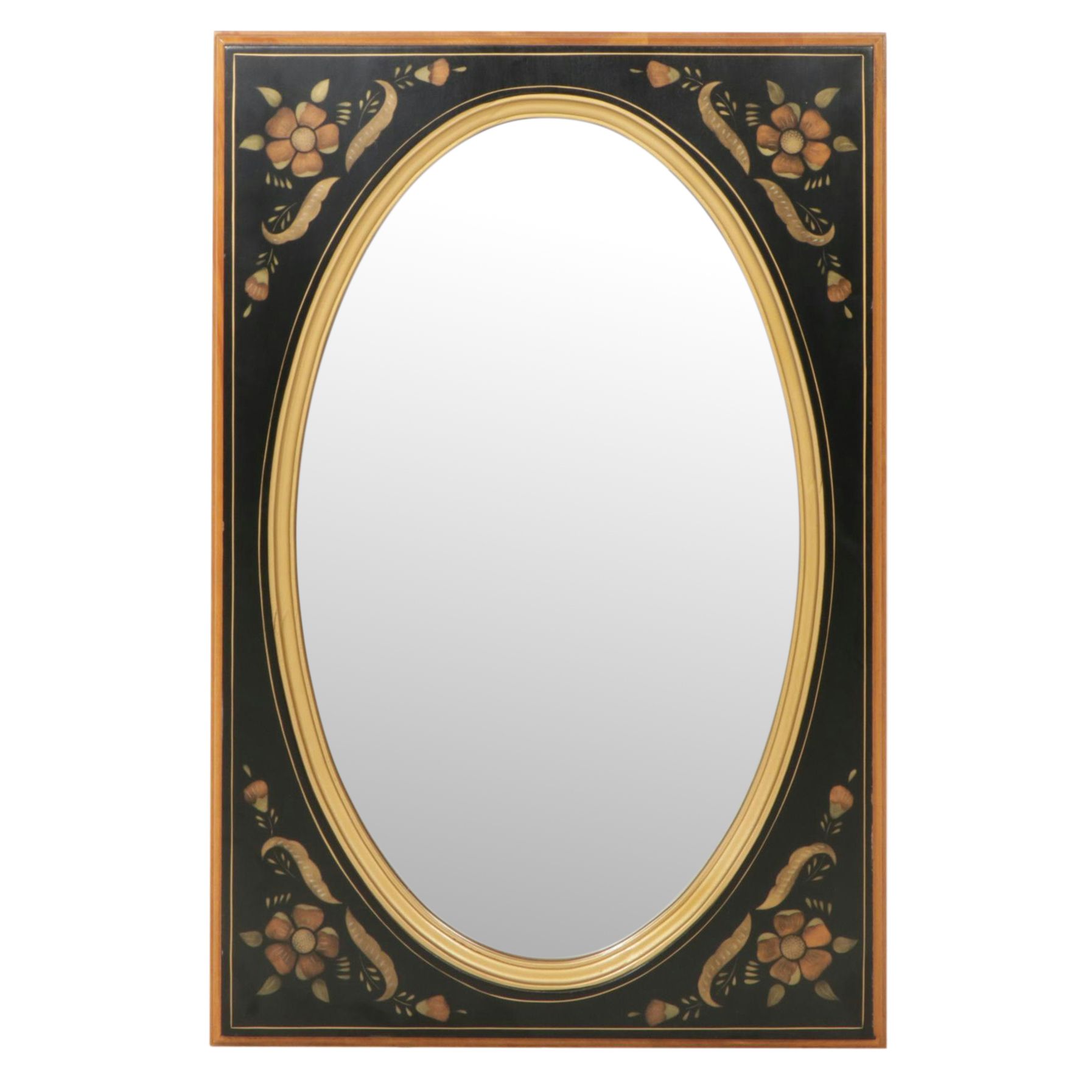 Ethan Allen Stencil Decorated Ebonized Maple Oval Wall Mirror