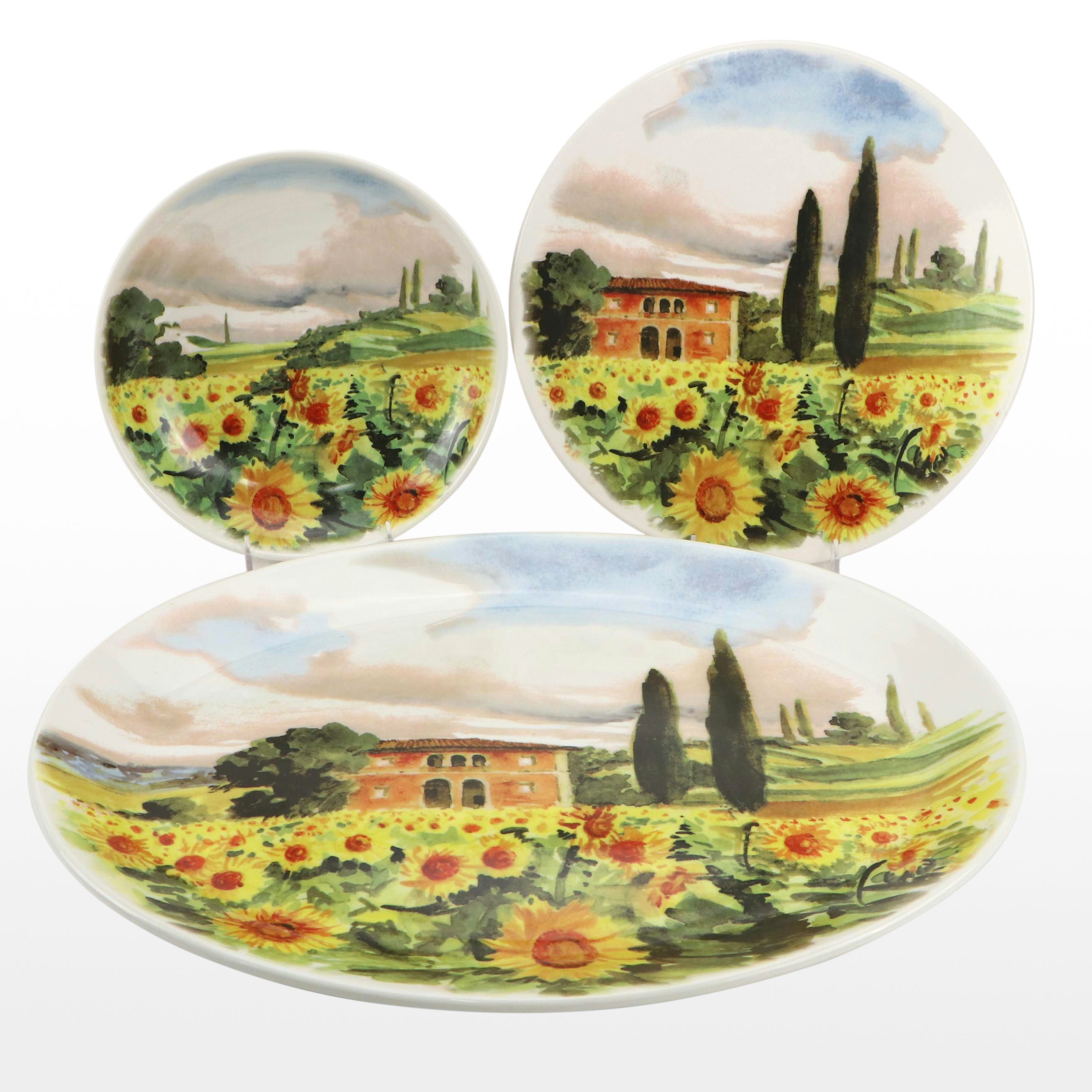 Sur La Table Ceramic Tuscan Landscape Oval Platter and Serving Pieces