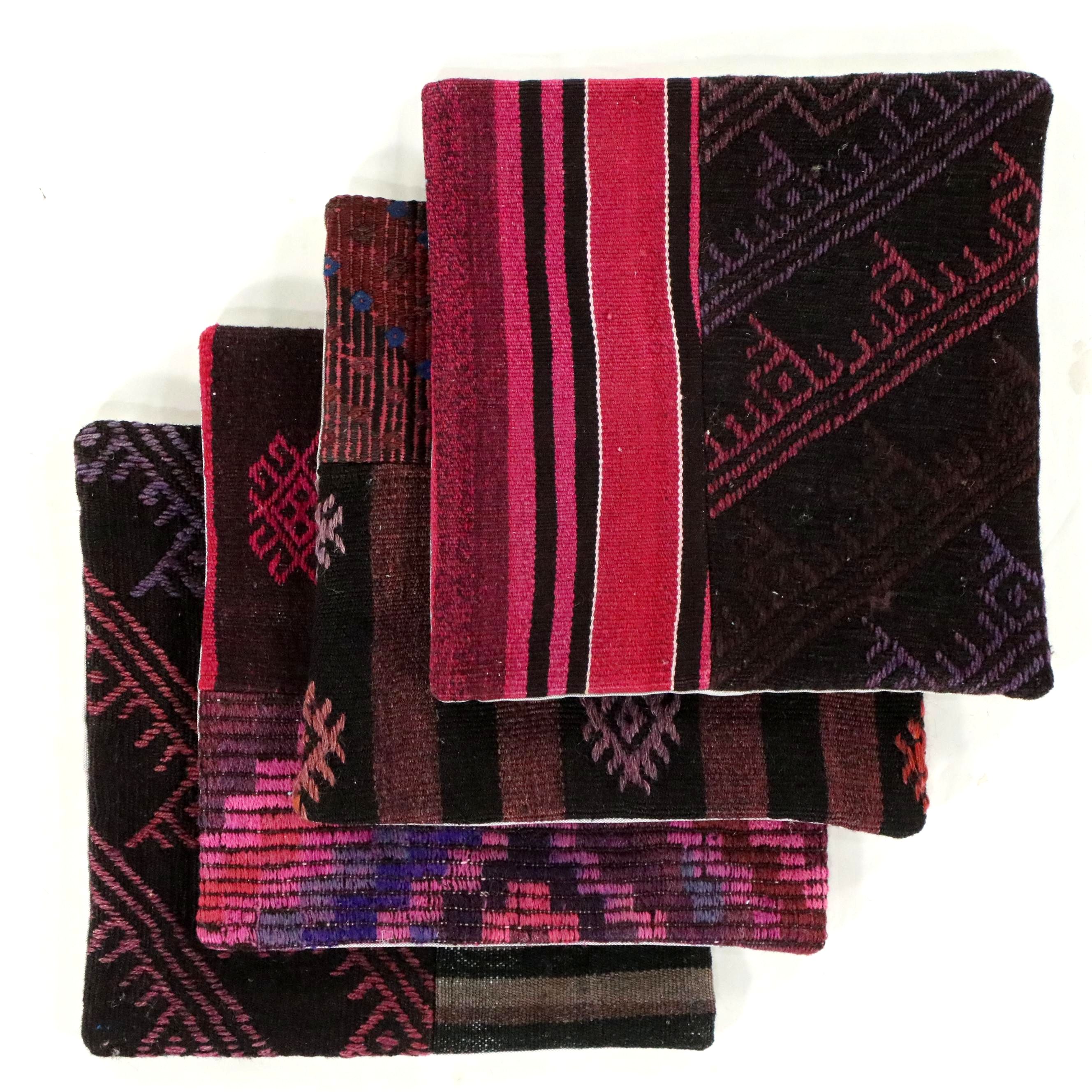 Four Handwoven Turkish Rug Faced Throw Pillow Covers