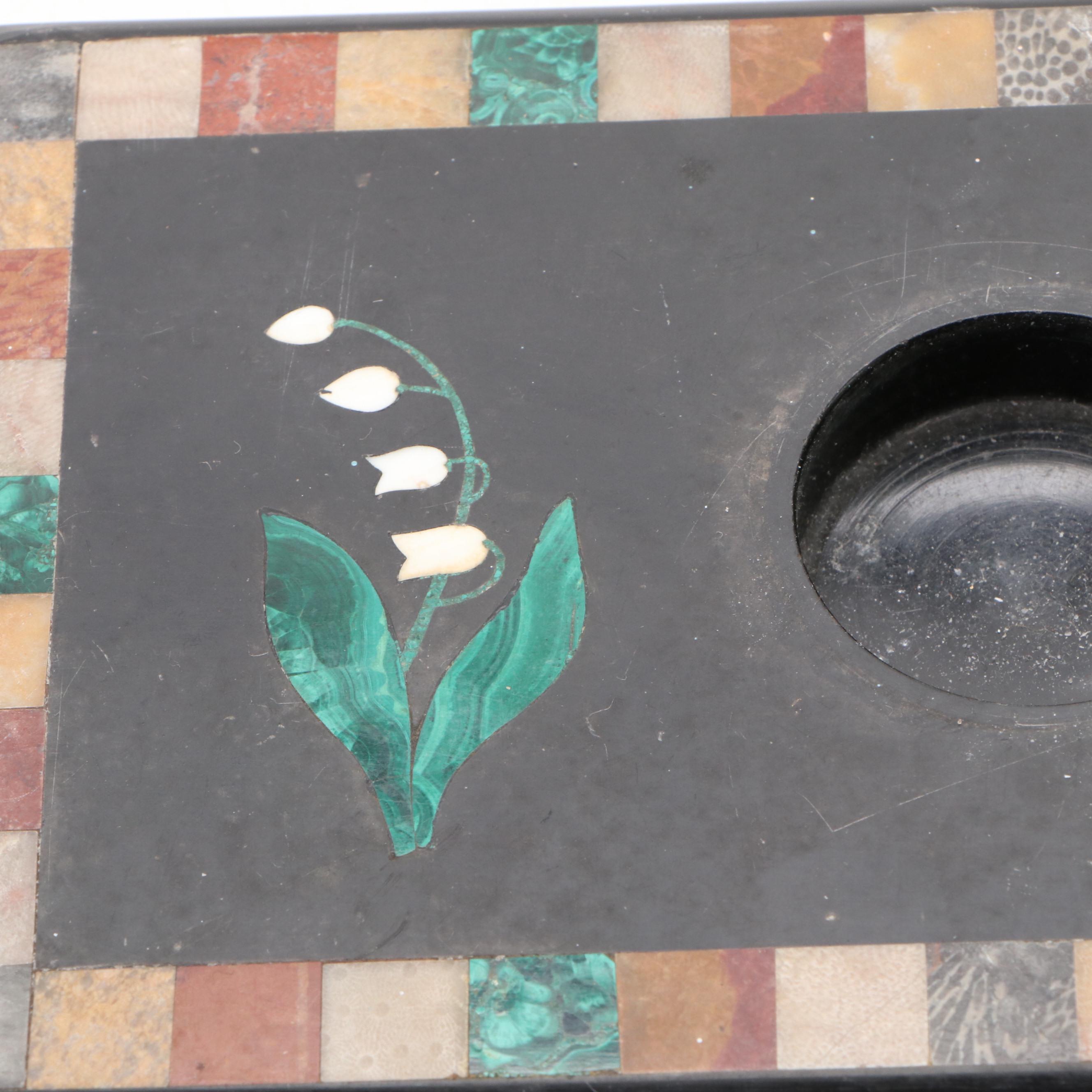 Belleek Willets Porcelain Inkpot and Stand with Mixed Stone Inlay