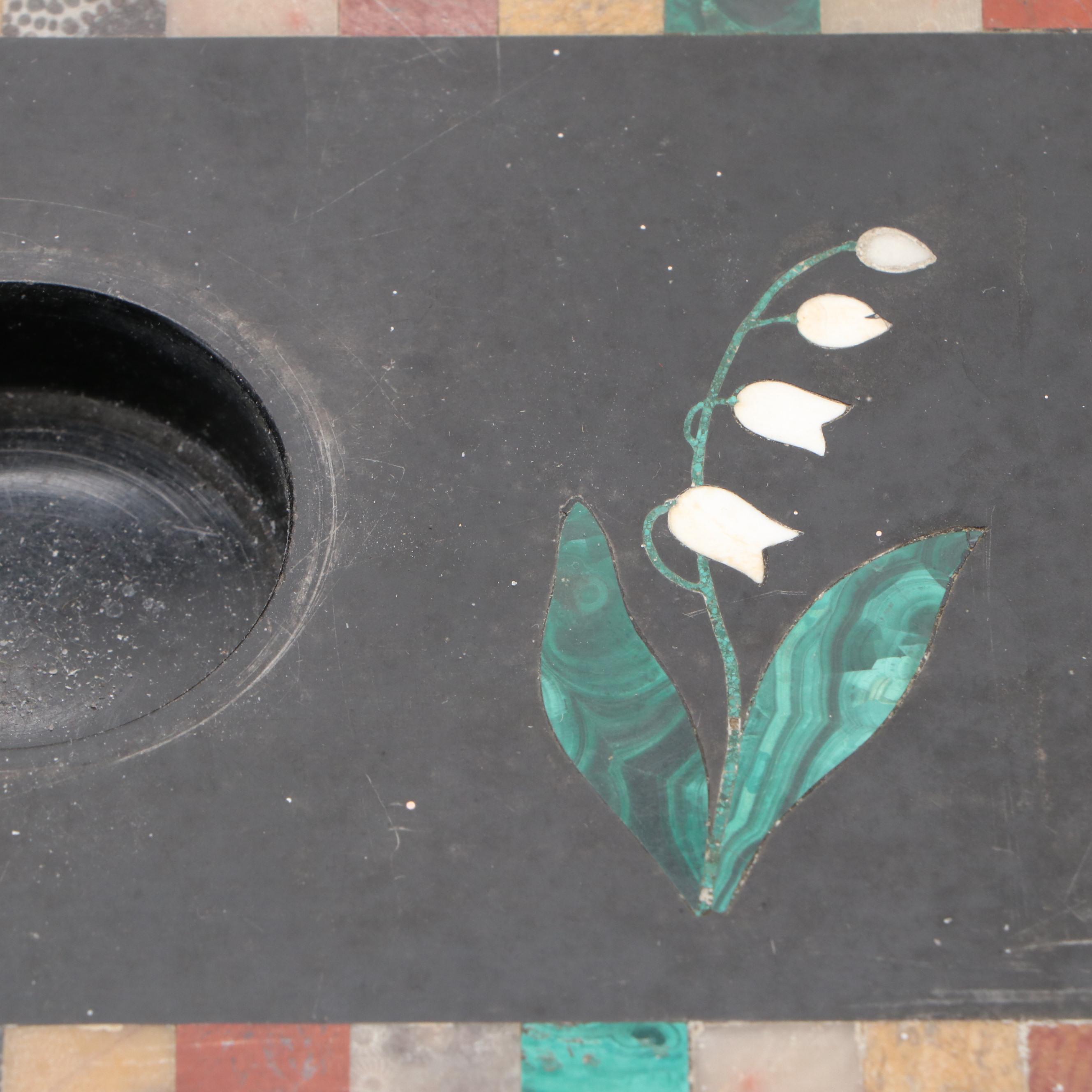 Belleek Willets Porcelain Inkpot and Stand with Mixed Stone Inlay