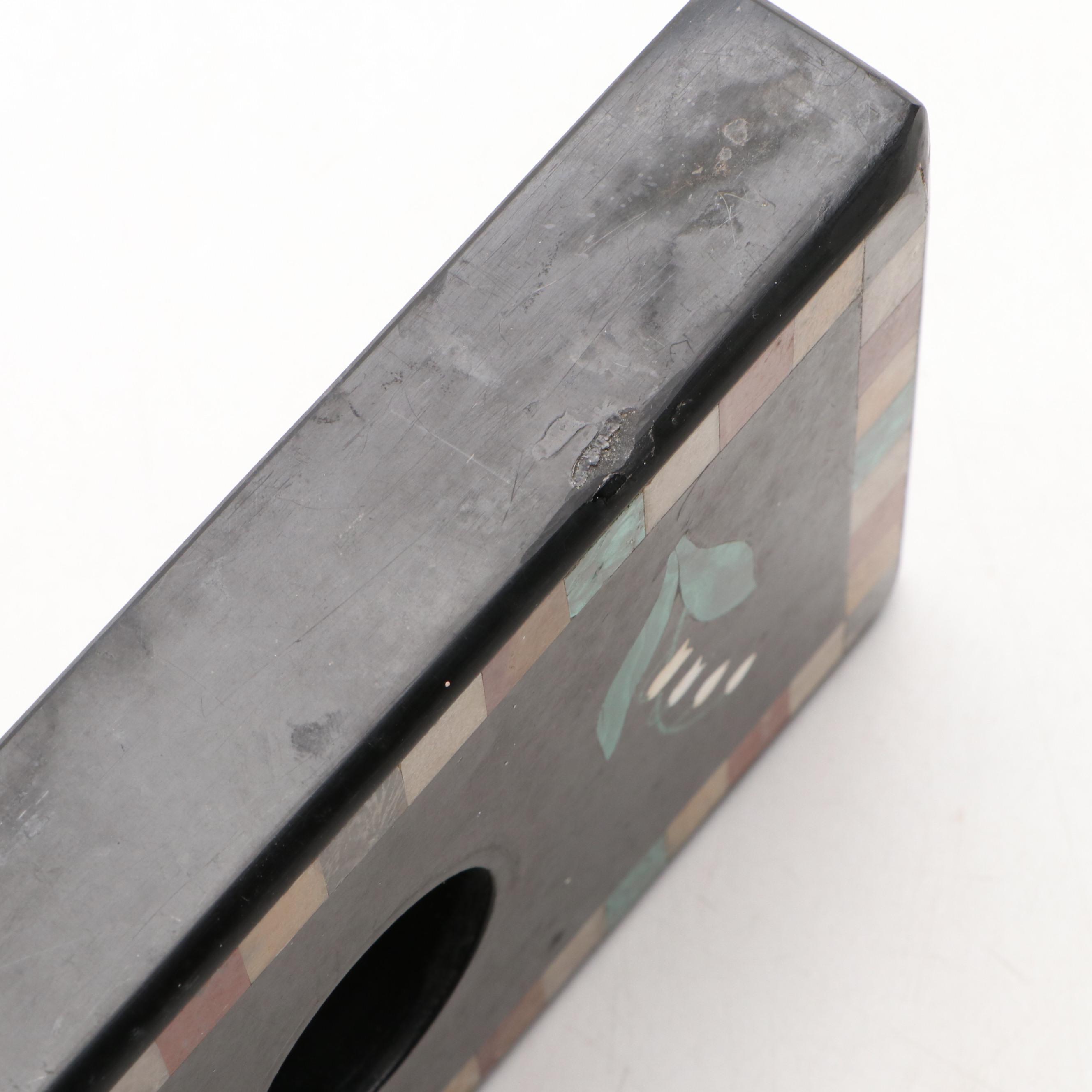 Belleek Willets Porcelain Inkpot and Stand with Mixed Stone Inlay