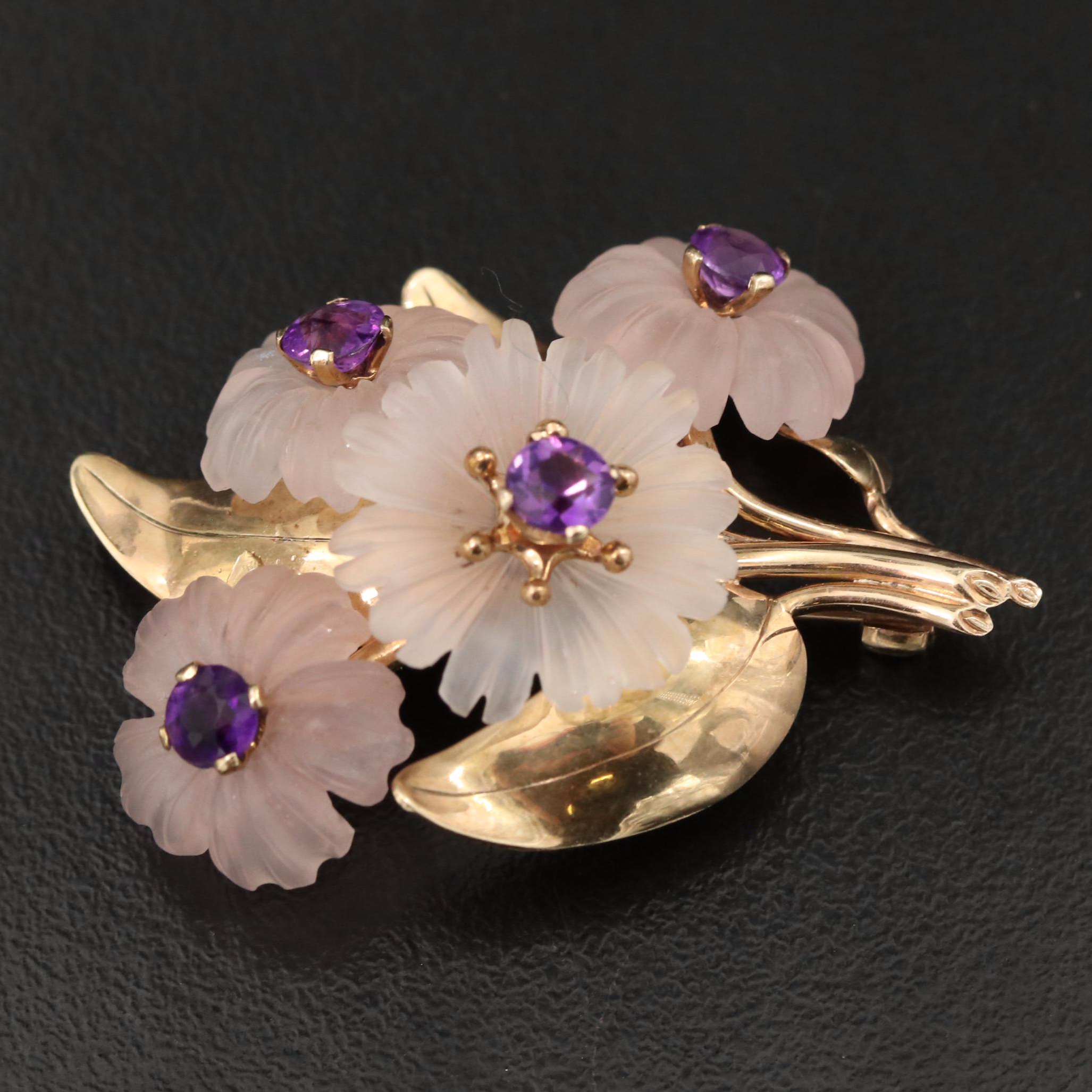 10K Amethyst and Rose Quartz Flower Brooch