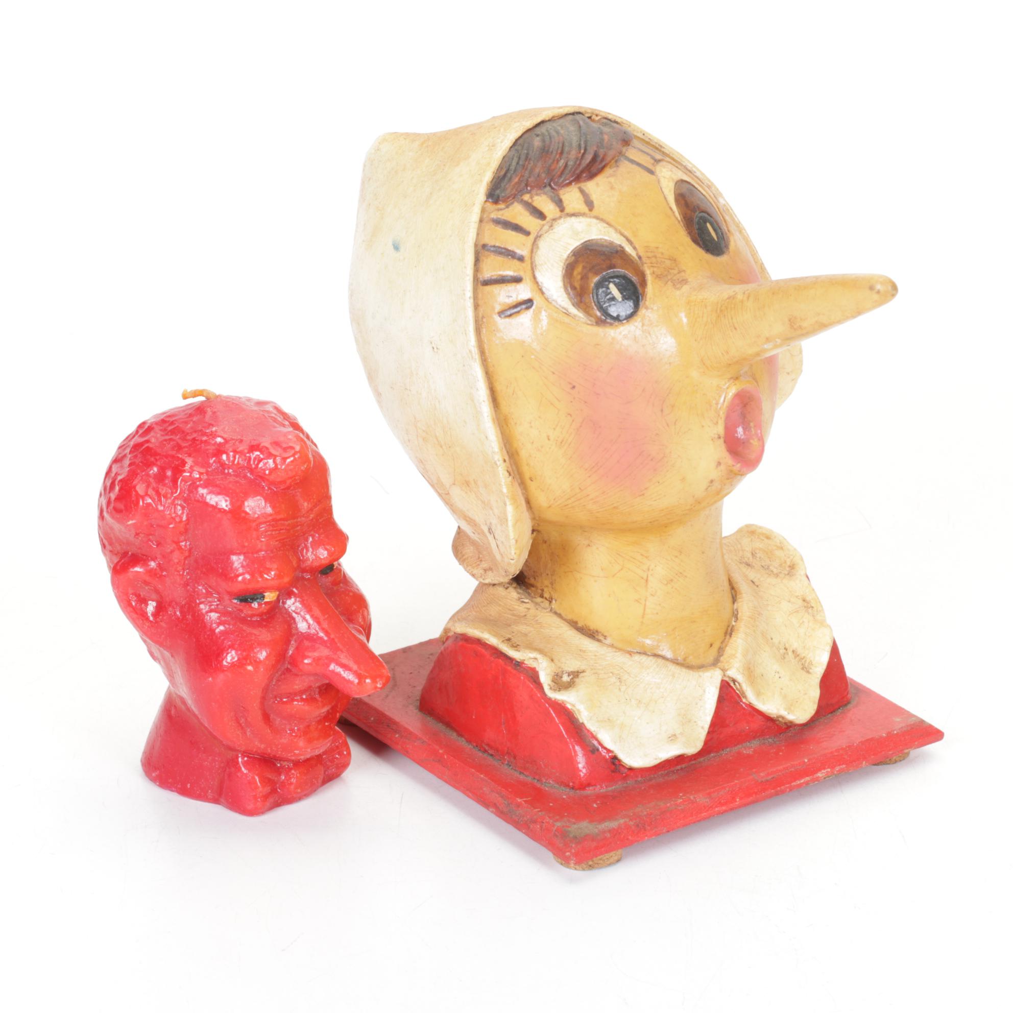 Hand Crafted Italian Pinocchio Bank & Richard Nixon Candle