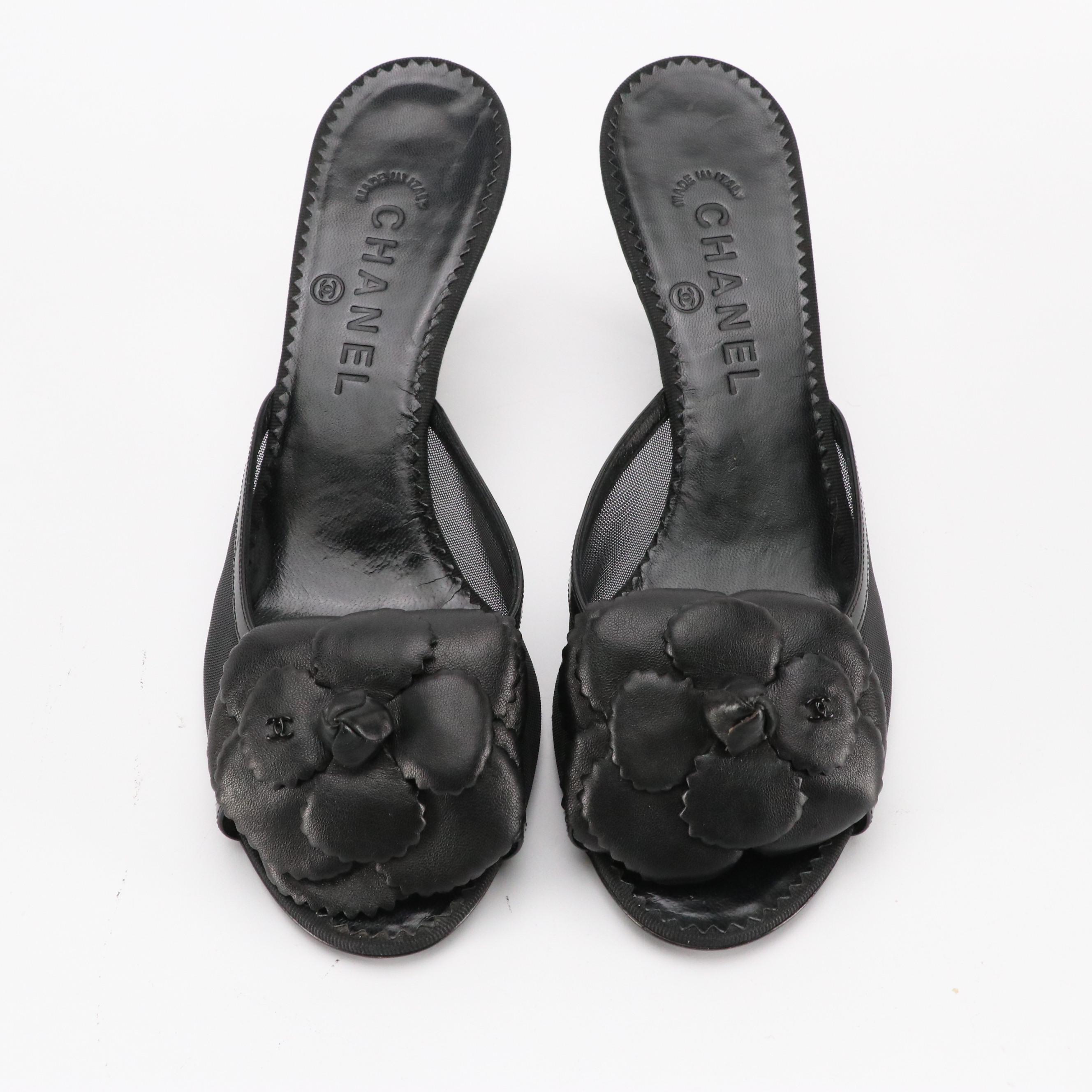 Chanel Camellia Mules in Black Mesh and Calfskin Leather