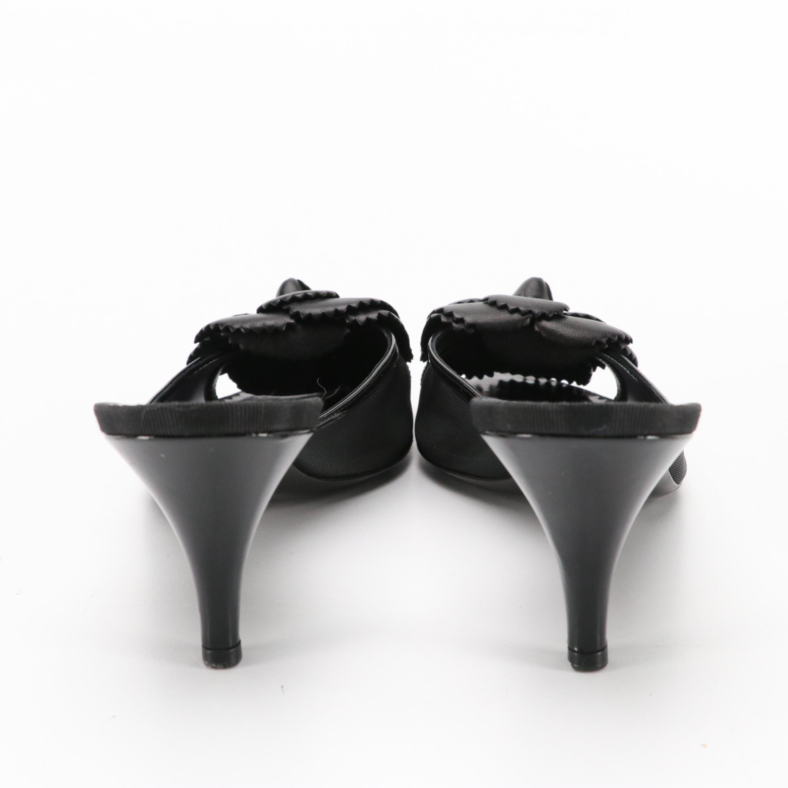 Chanel Camellia Mules in Black Mesh and Calfskin Leather