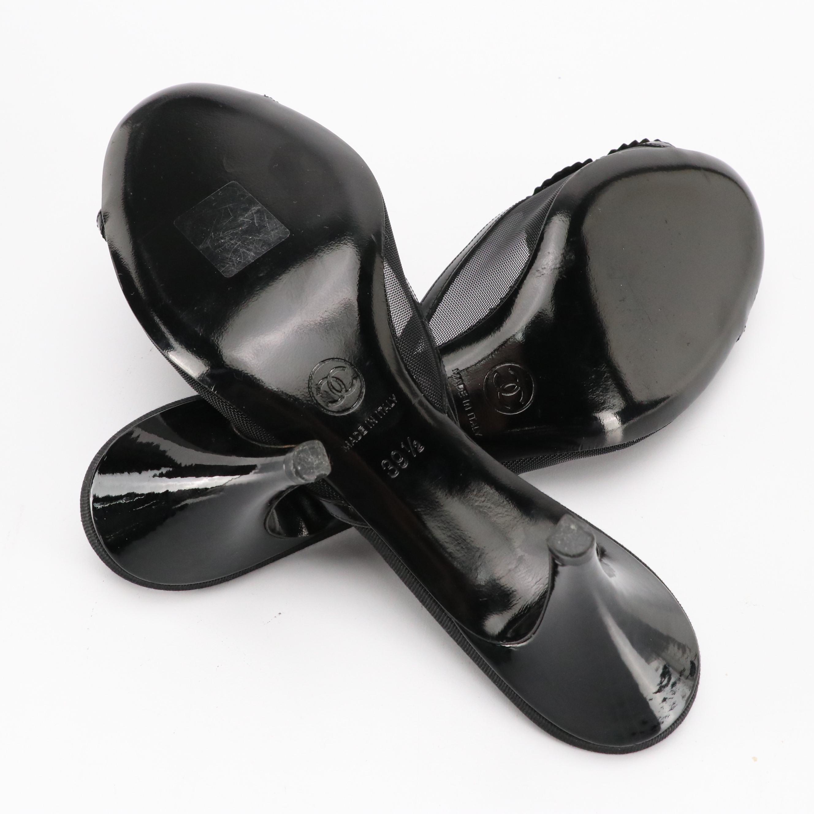 Chanel Camellia Mules in Black Mesh and Calfskin Leather