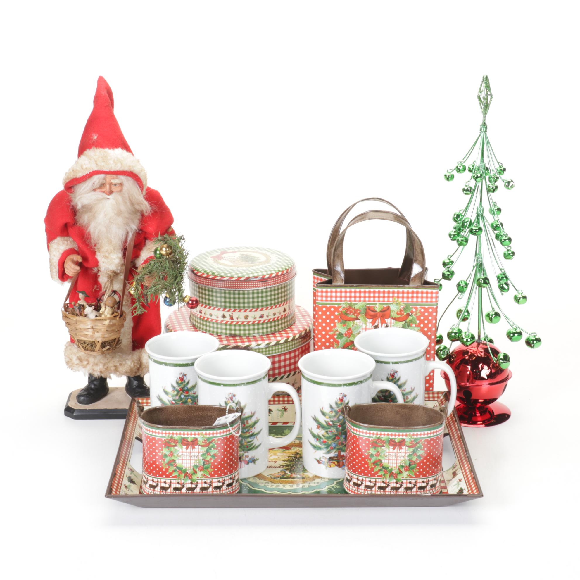Jingle Bell Christmas Tree with Mikasa Mugs, Tin Boxes, Santa Figurine and More