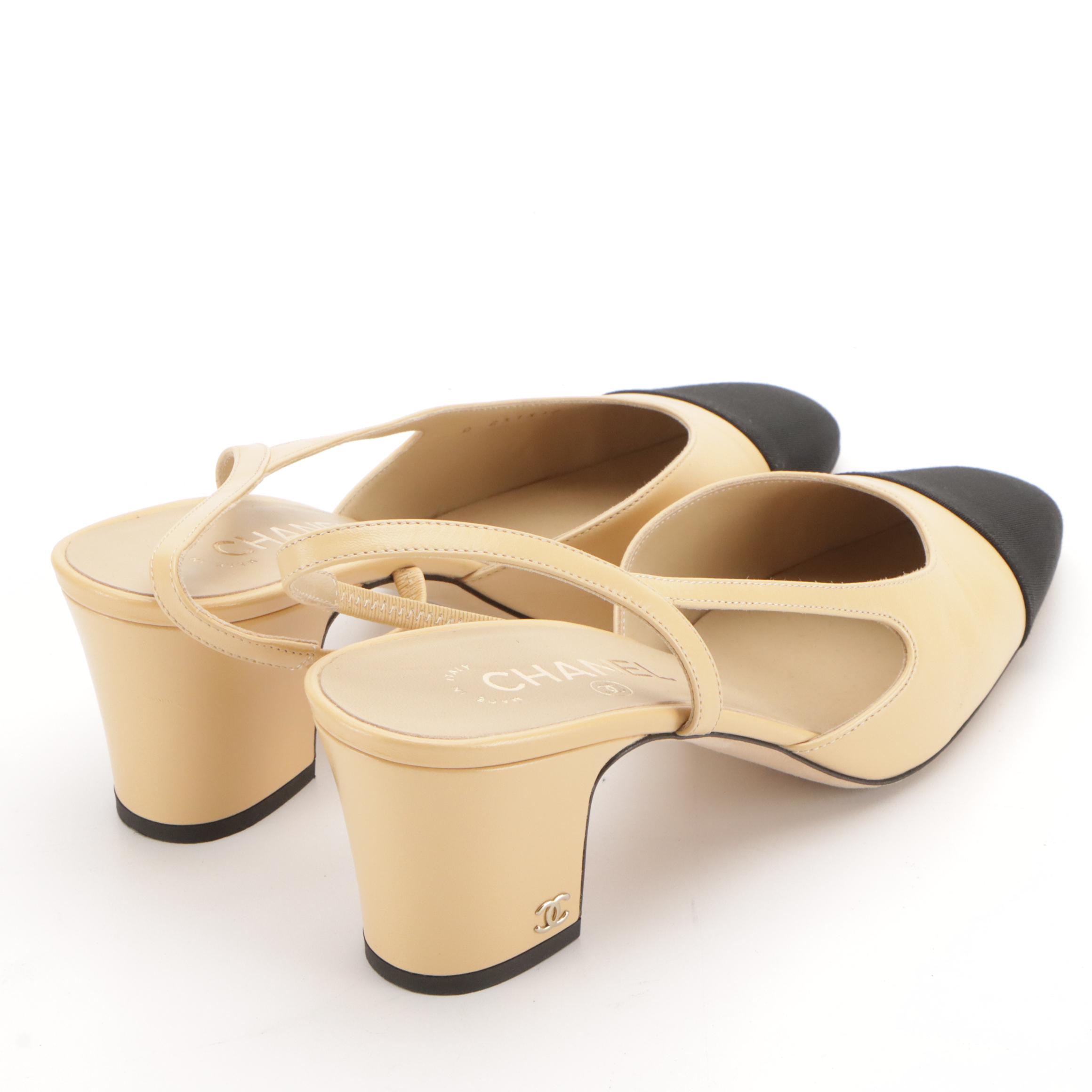 Chanel Two-Tone Slingback Pumps in Goatskin and Grosgrain with Box