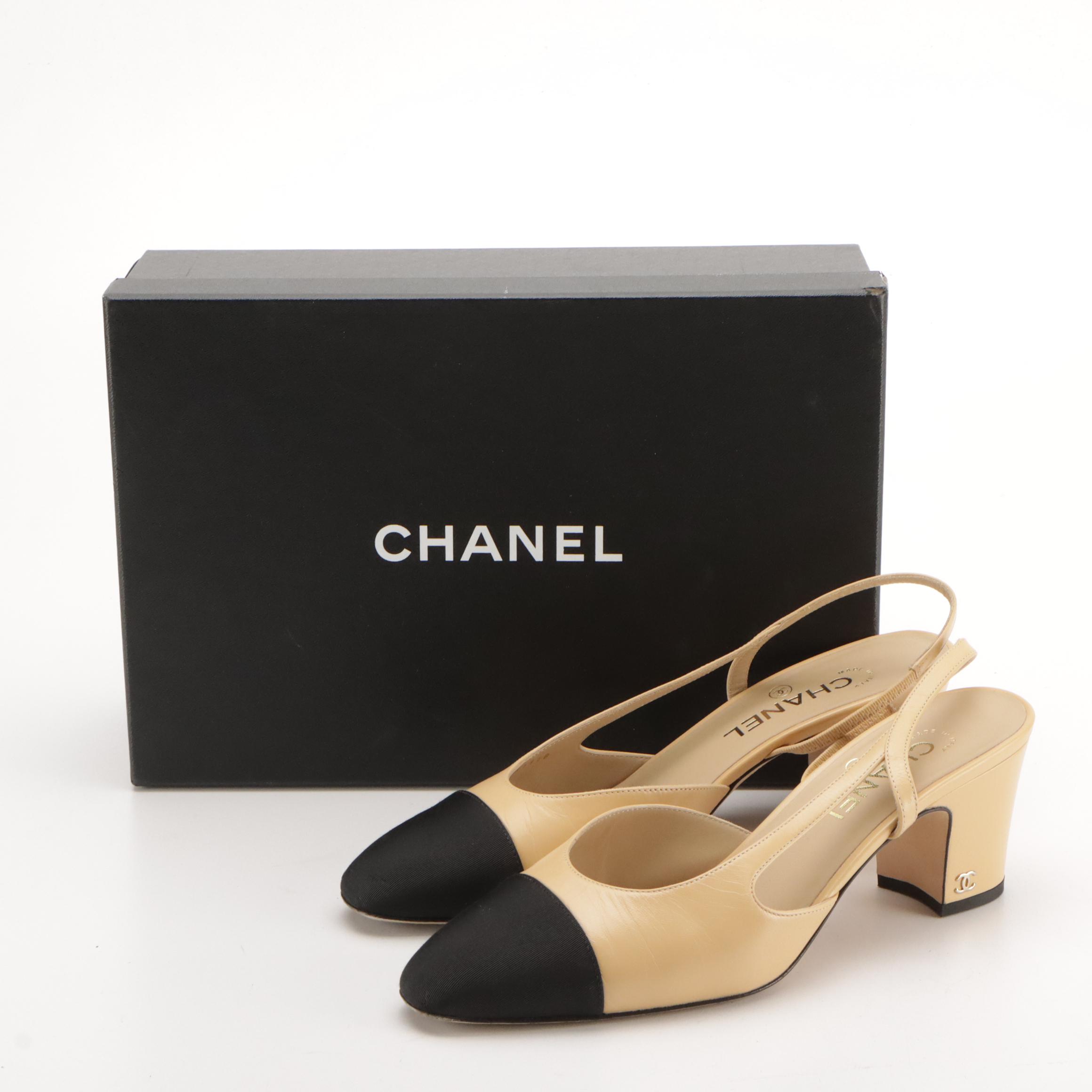 Chanel Two-Tone Slingback Pumps in Goatskin and Grosgrain with Box