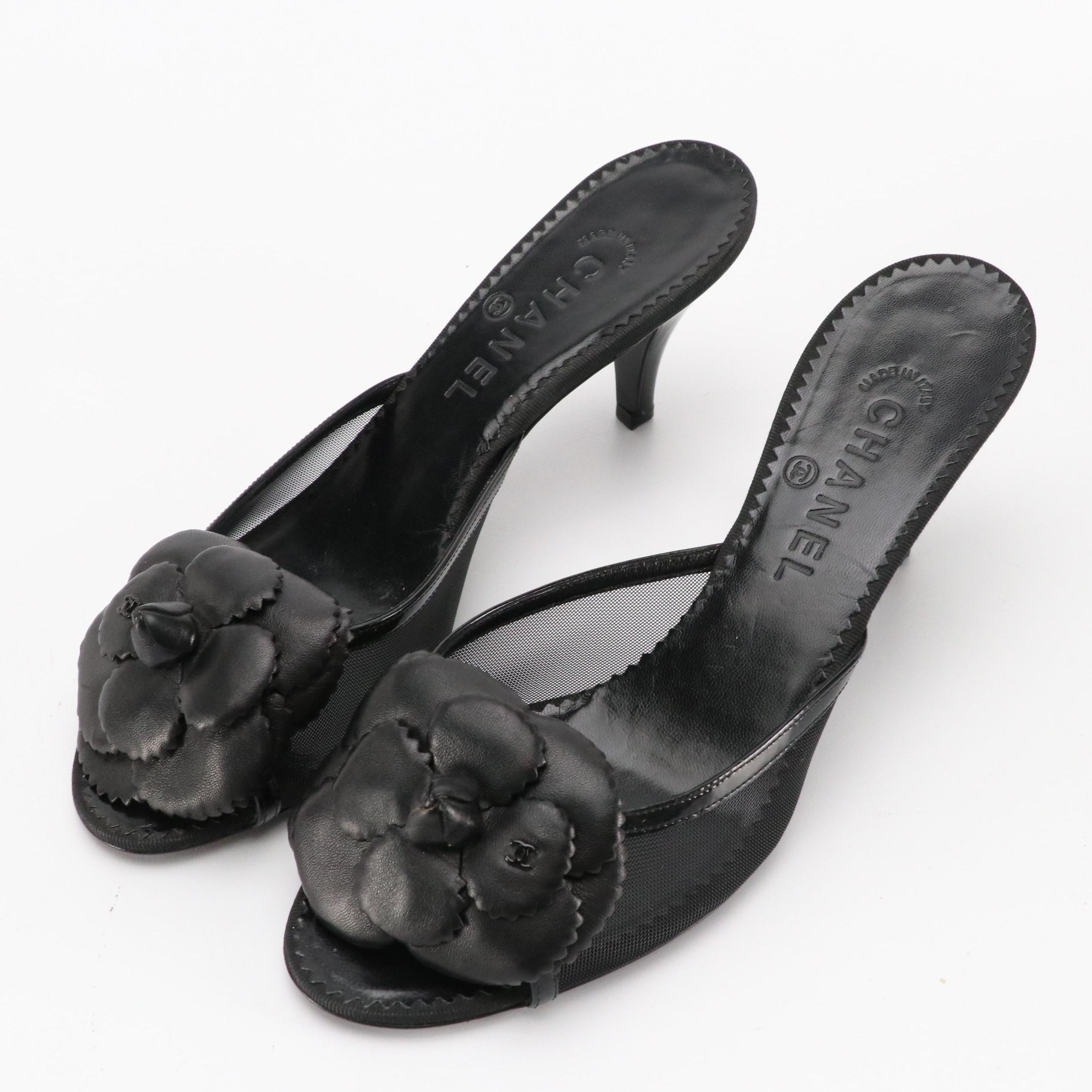 Chanel Camellia Mules in Black Mesh and Calfskin Leather